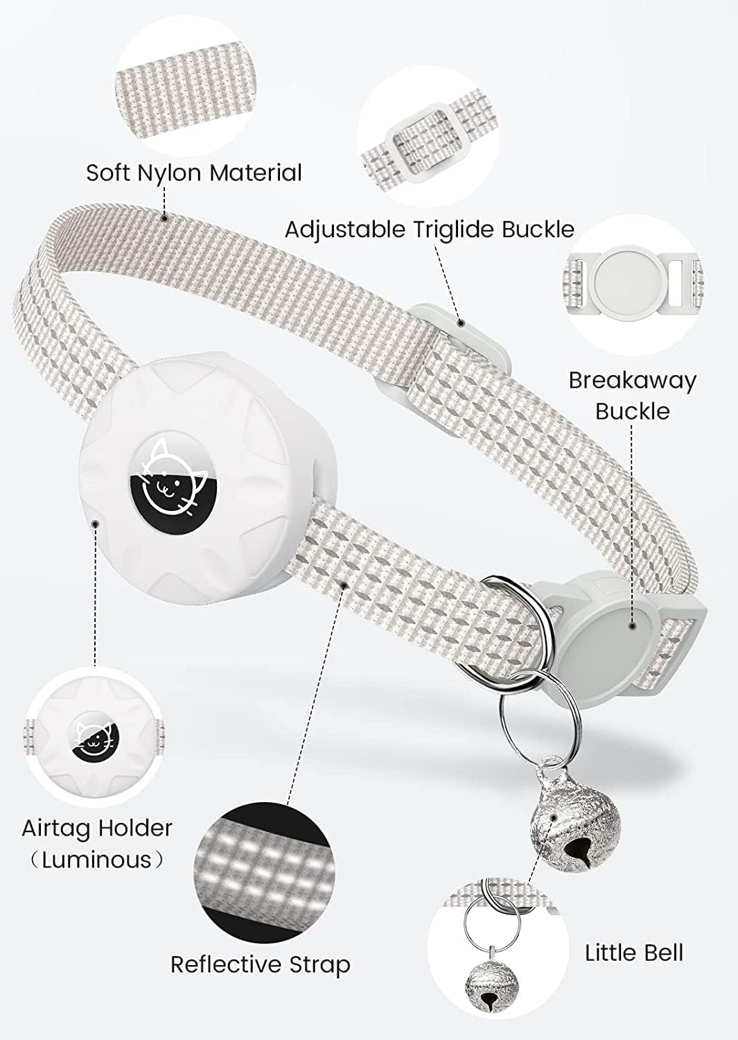 Airtag Cat Collar, Reflective Kitten Collar Breakaway Apple Air Tag Cat Collar with Waterproof Airtag Holder Compatible and Bell, Lightweight Tracker Cat Collars for Cat Dog Kitten Pupp(White) image number 5