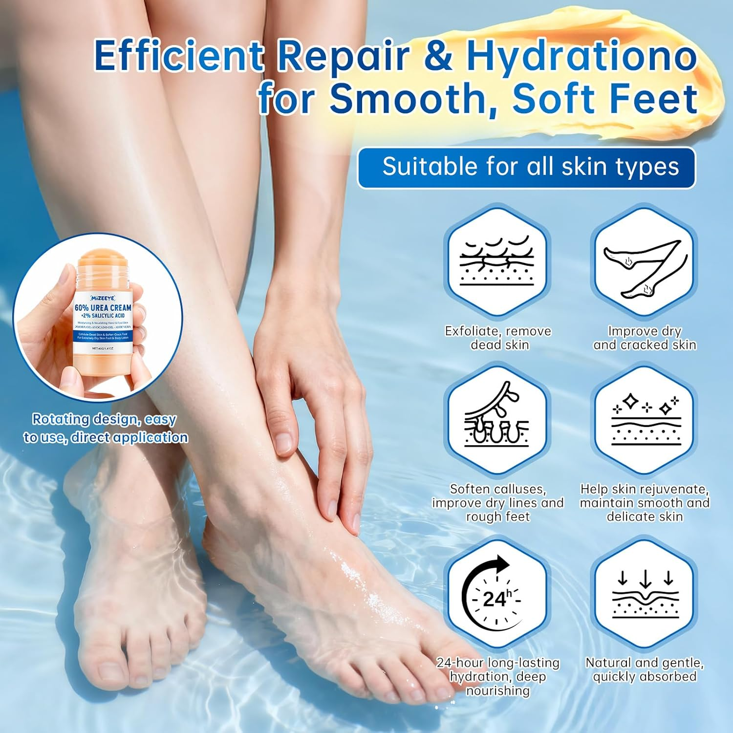 60% Urea Cream Stick with 2% Salicylic Acid, Soften Cracked Skin & Exfoliating, Deep Moisturizing & Repairing Foot Cream for Feet & Heels, Heel Balm with Jojoba Oil, Avocado Oil, 40G