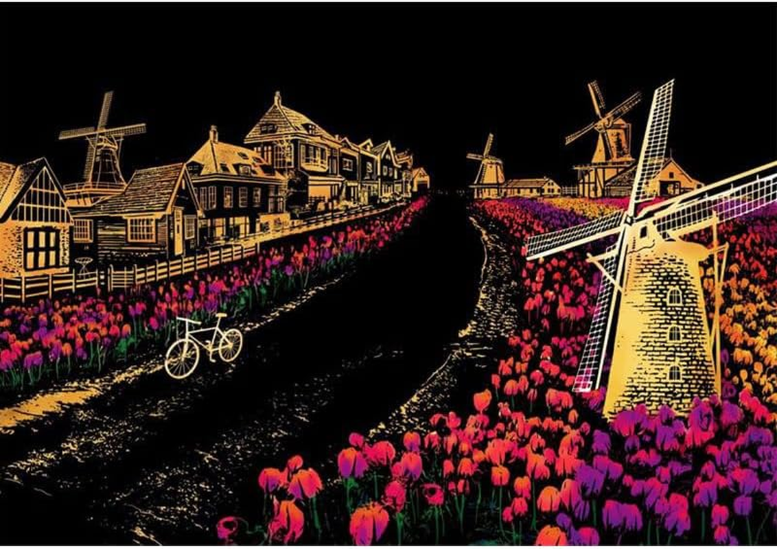 Georgie Porgy Scratch Picture Set DIY Craft Sets for Children Adults Magic Scratch Paper A3 City Scratch Paper for Christmas Birthday Gift with Scratch Tools Kit (A3 Windmill + Hot Air Balloon) - A4 Glow-In-The-Dark Butterfly And Peacock image number 6