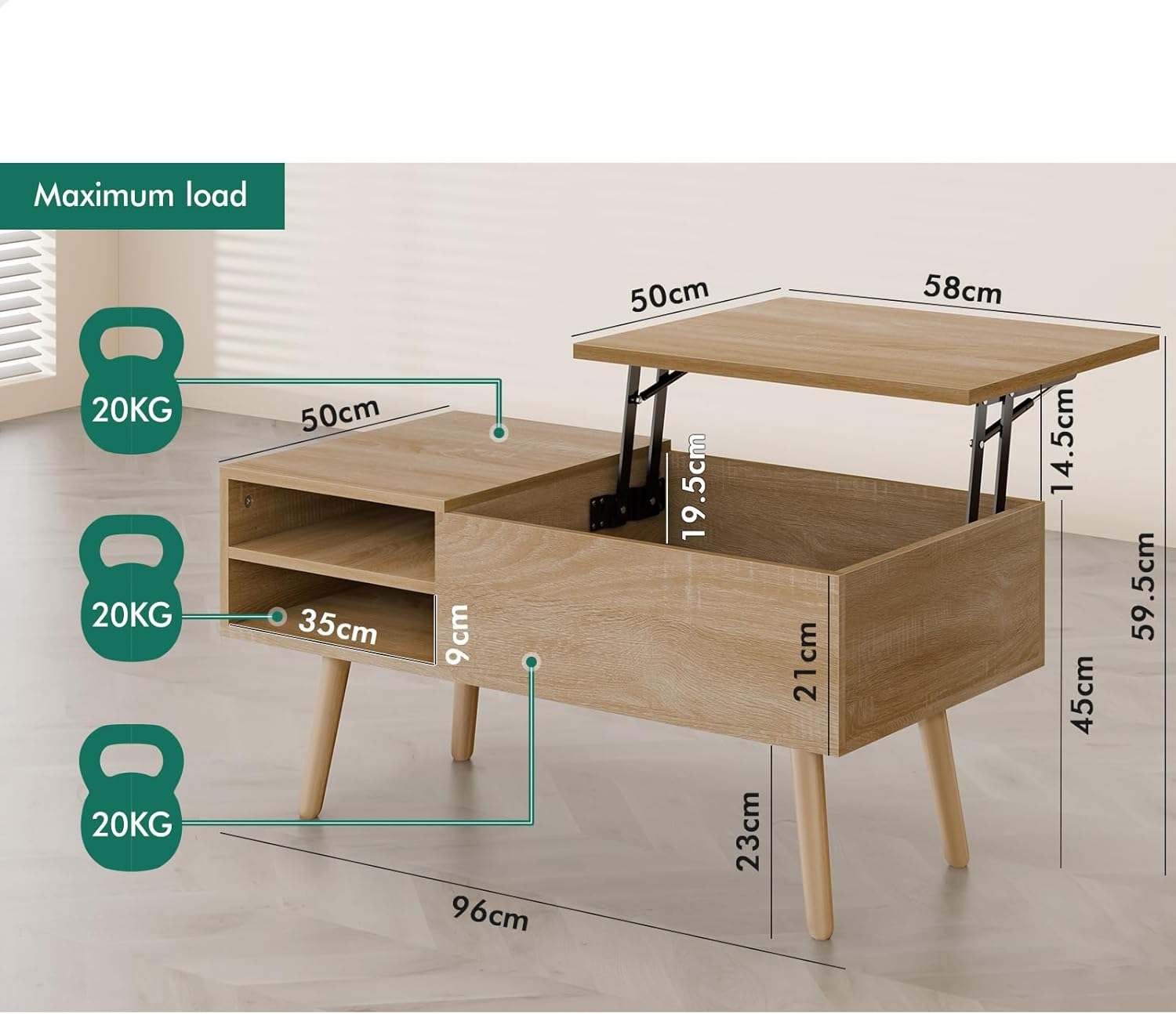 ALFORDSON Lift Top Coffee Table with Hidden Compartment and Side Open Shelves, Rising Tabletop Dining Table for Living Room Office Reception, Convertible Center Table, Wood image number 3