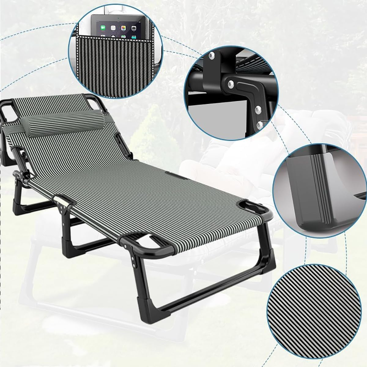 Adjustable Folding Bed with Mattress, Camping Cot Cushion and Pillow, Lightweight Convertible Lounge-Recliner, Sleeping Cot Outdoor Camping Bed for Camp, Travel, Beach, Patio, Office, Home Naps image number 4