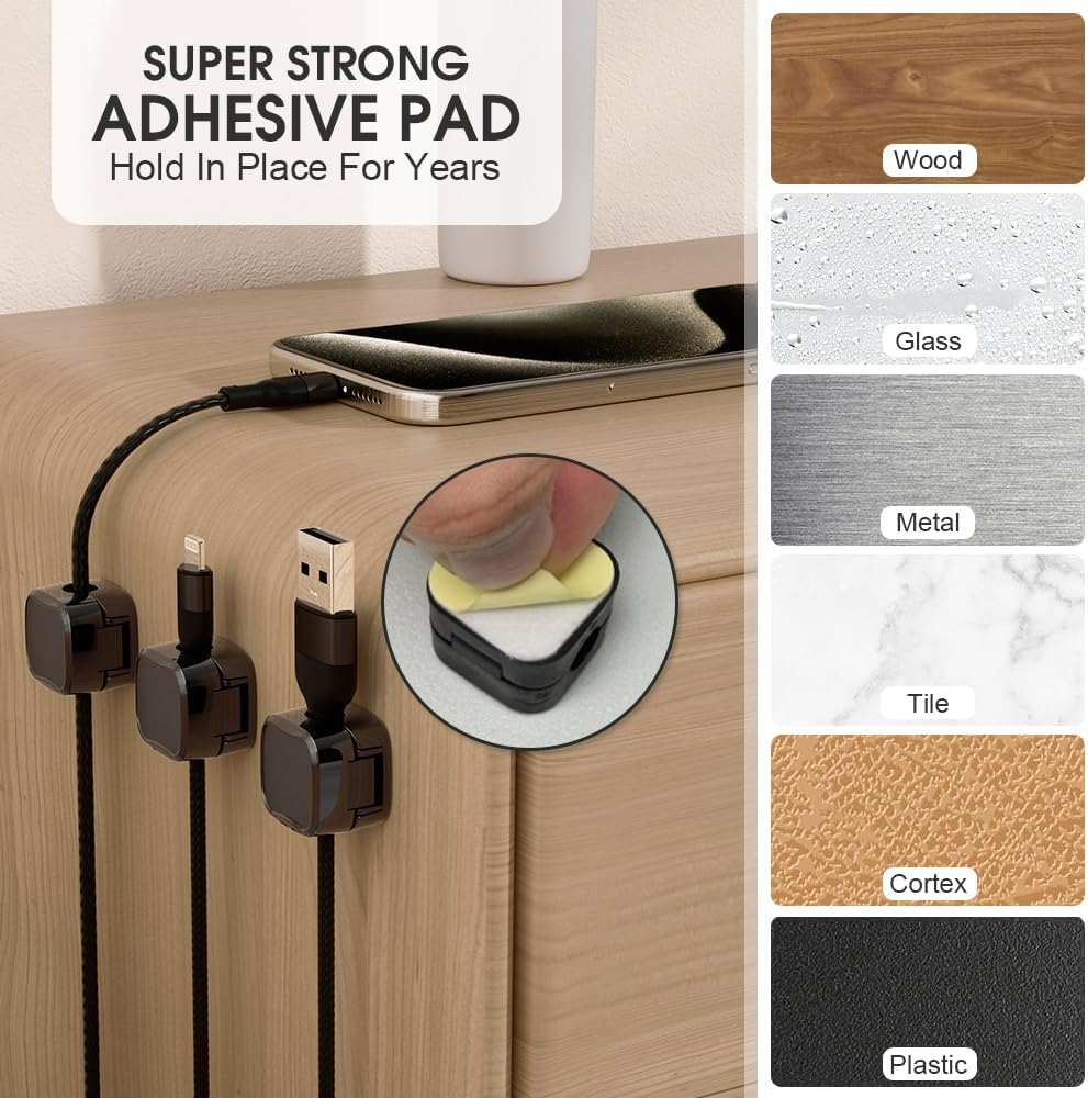 12 Pack Cord Organizer Holder, Magnetic Cable Clips Management, Strong Adhesive Phone Charging Cords Organizer, Hide or Organize Desk Cable Wire for Home,Office,Car,Desk,Nightstand (Black, 12PCS) image number 6