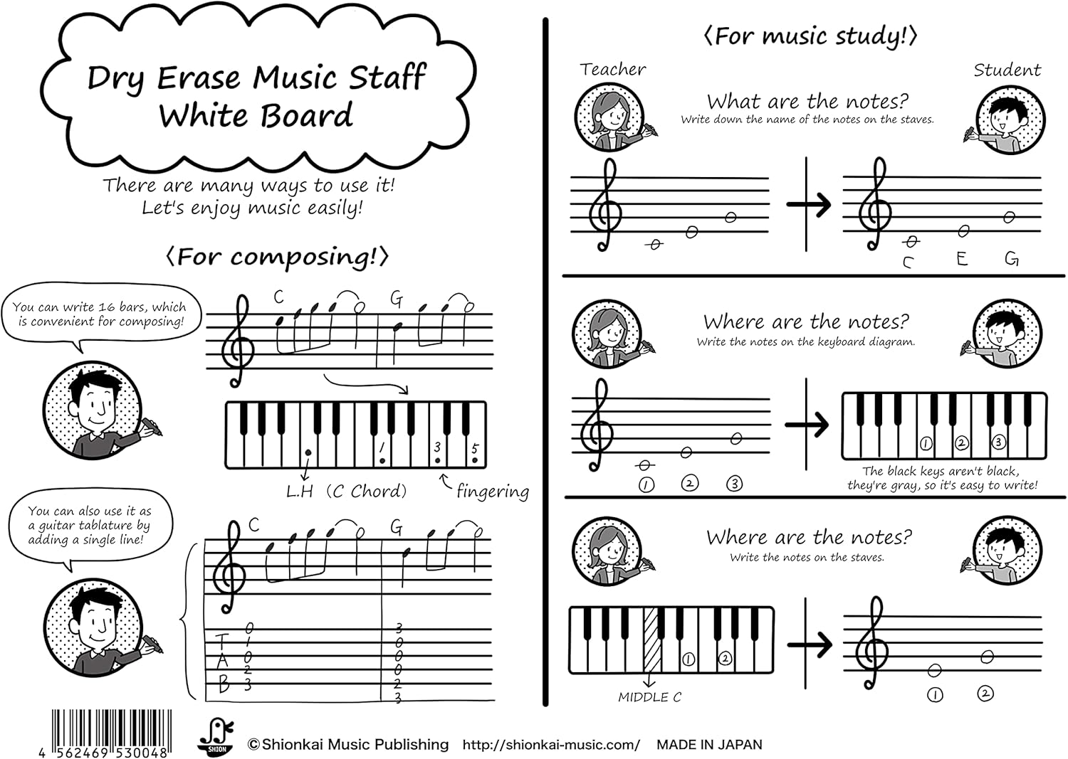 Dry Erase Music Staff White Board, Portable A4 Size (8.3"&times;11.7")