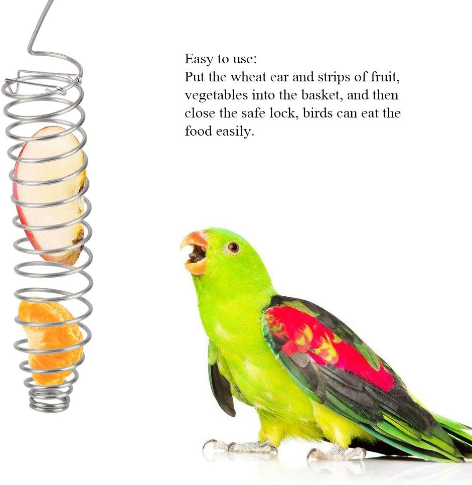 Bird Spiral Feeder, Portable Hanging Stainless Steel Parrot Food Basket Fruit Vegetable Millet Holder Container Climb Play Toy image number 2
