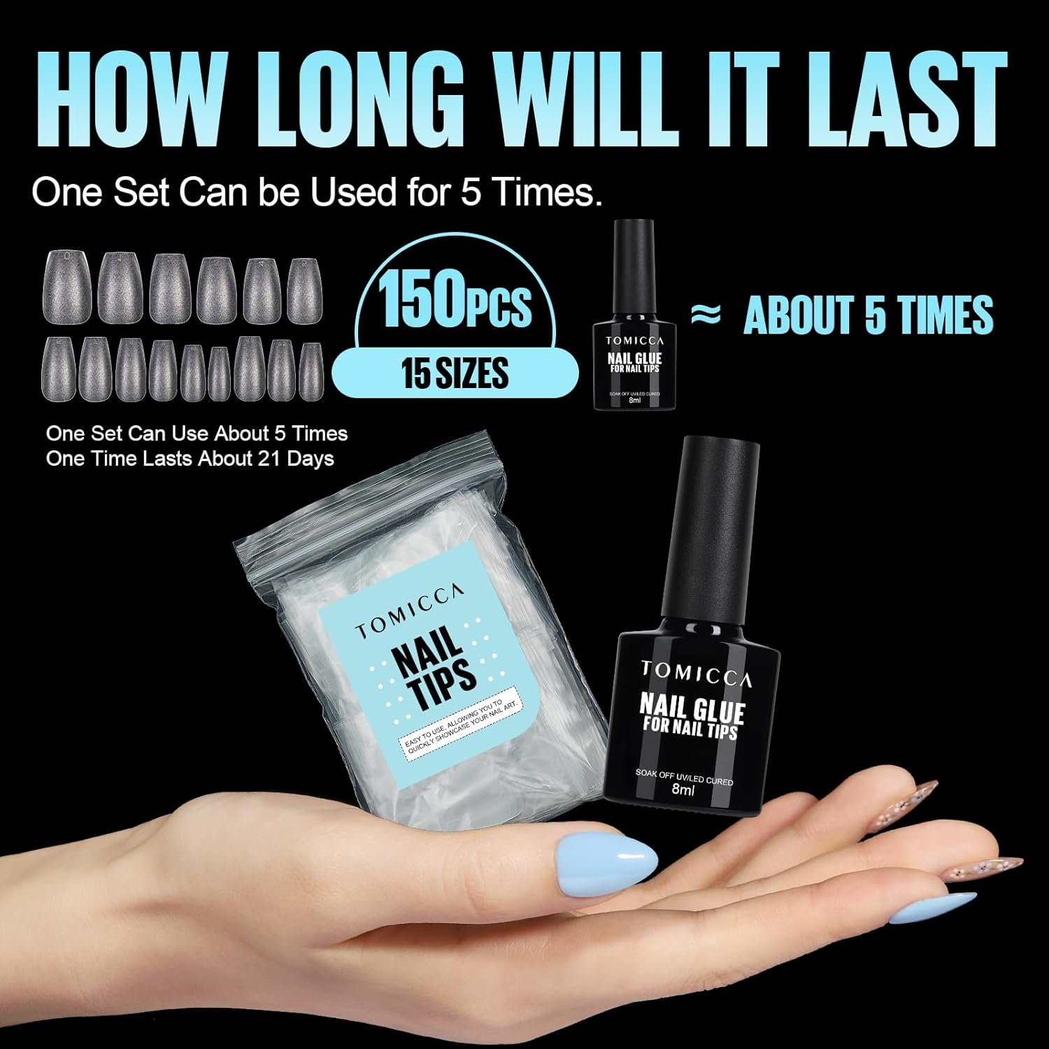 TOMICCA Short Almond Matte Nail Tips & Nail Glue Kit, 150 Pcs Full Coverage Soft Gel Nail Tips, No File, 8Ml Nail Gel Glue Soak off UV Lamp, Nail Tip Glue Set for Quick Nail Extension, Nail Salon - Short Almond image number 3