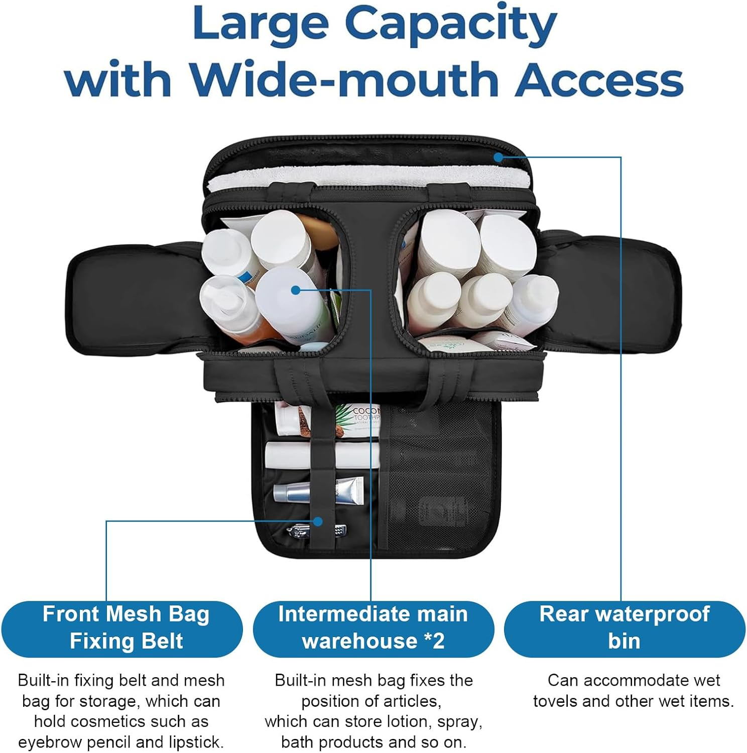 Travel Toiletry Bag, Puff Large Capacity Lightweight Wide-Open Travel Cosmetic Bag, 4 in 1 Multi-Functional Bag for Women, Waterproof Portable with Divider & Handle, Dry and Wet Separation (Black) image number 2