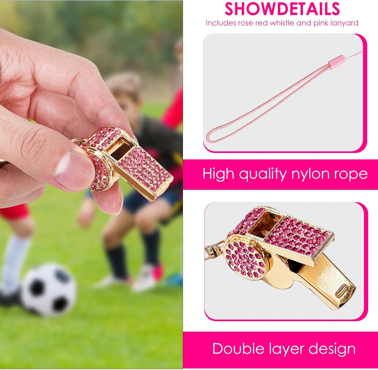 Biiange Referee Whistle, Whistle Keychain, Whistles for Adults with Lanyard, Loud Metal Rhinestone Whistle Whistle Sets for Coaches, Referees, and Hikers (2 Pcs Rose Red) image number 3