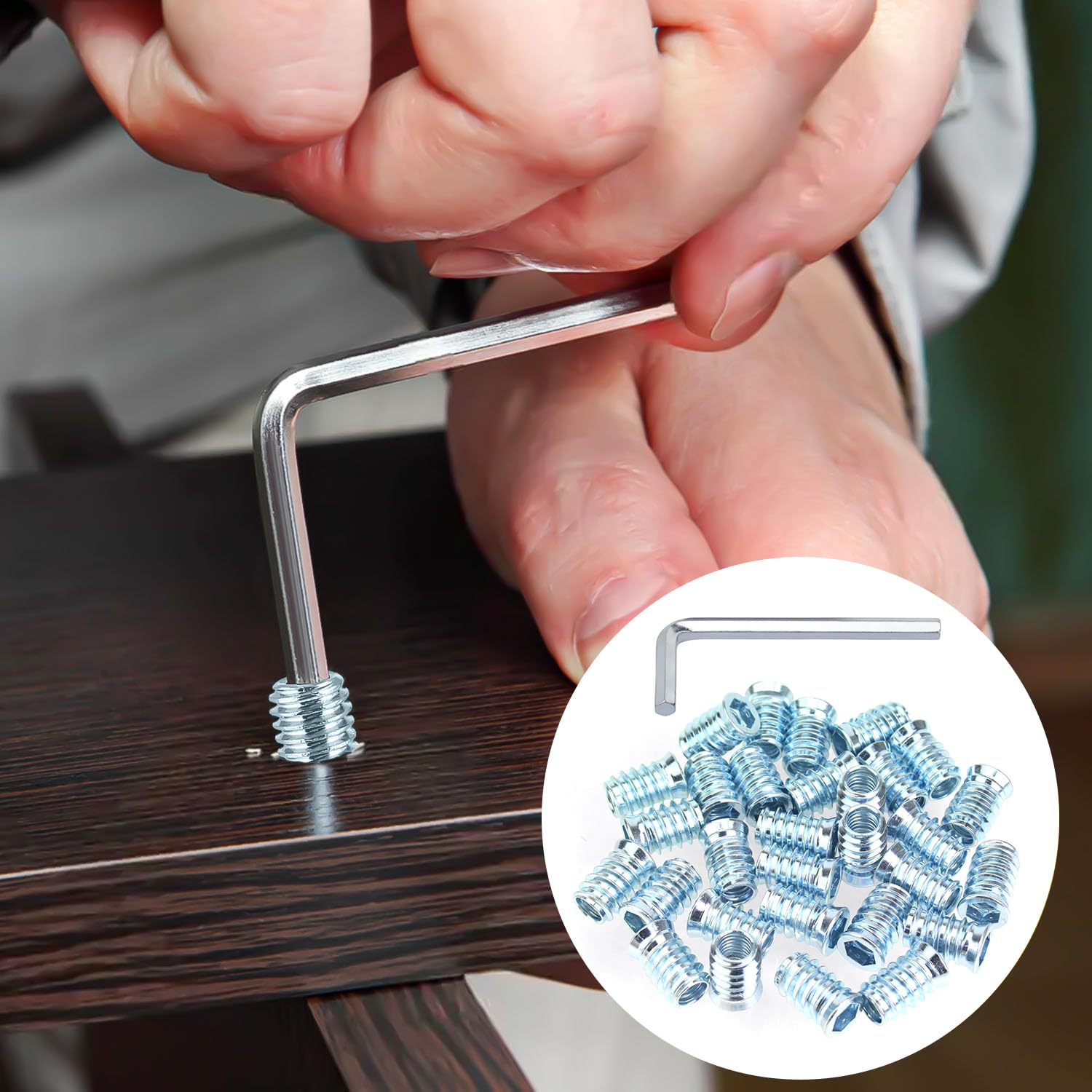 Funcyboo 40 Pcs Threaded Insert, 1/4"-20 X 15Mm Wood Inserts Bolt Screw in Nut Fastener Connector Furniture Screw for Wood Furniture (With 1/4" Allen Wrench) image number 1