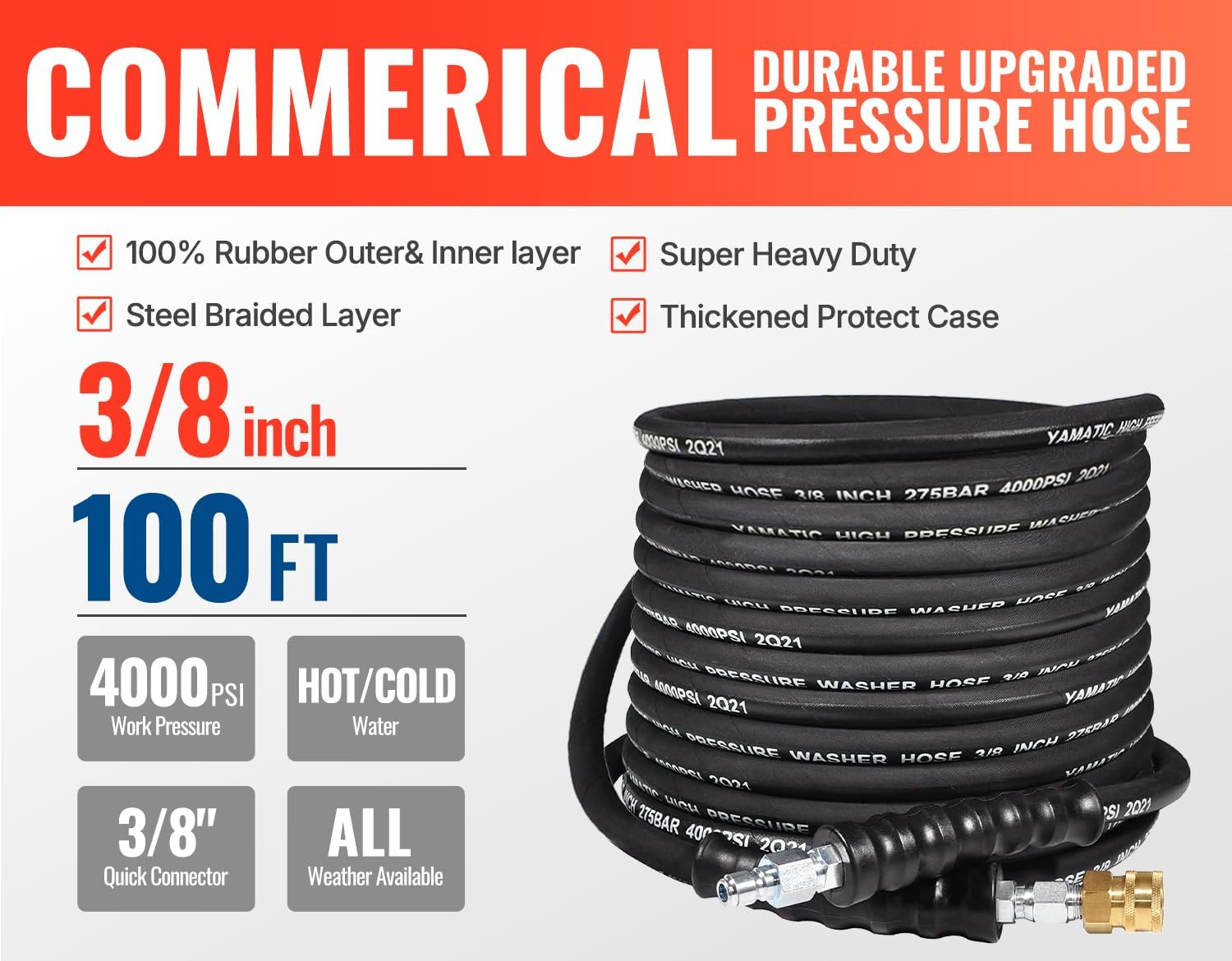 YAMATIC 3/8" Pressure Washer Hose 4000 PSI 100FT Hot Water Power Washer Hose Max 212&deg;F with Swivel Quick Connect, Commercial Grade Steel Wire Braided & Synthetic Rubber Jacket, Kink Resistant image number 1