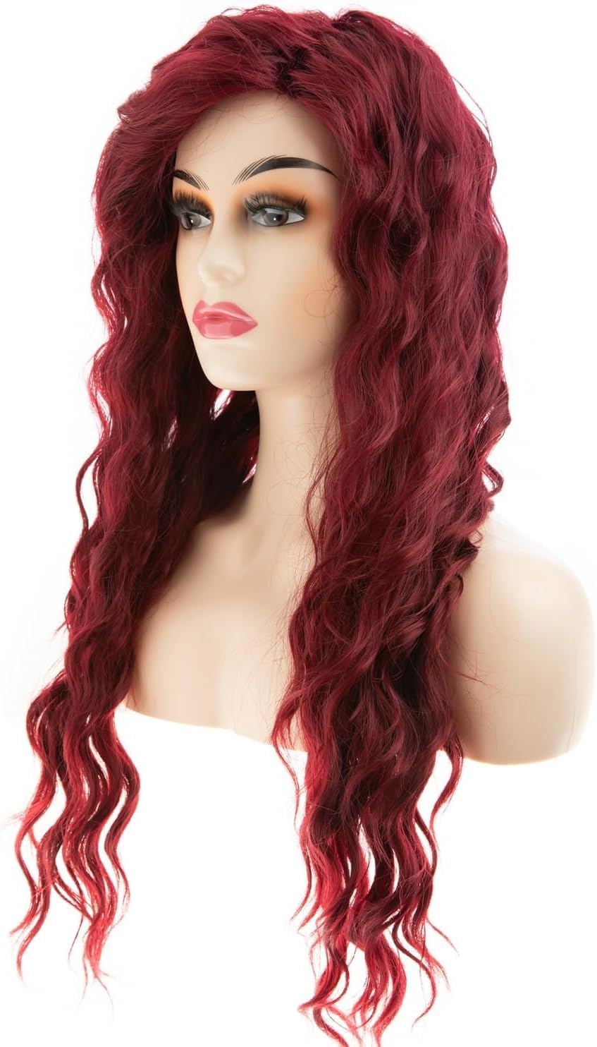Beweig Long Curly Wavy Wine Red Wig for Women Side Part Burgundy Natural Looking Cosplay Synthetic Fibre Wig Heat Resistant Replacement Wig