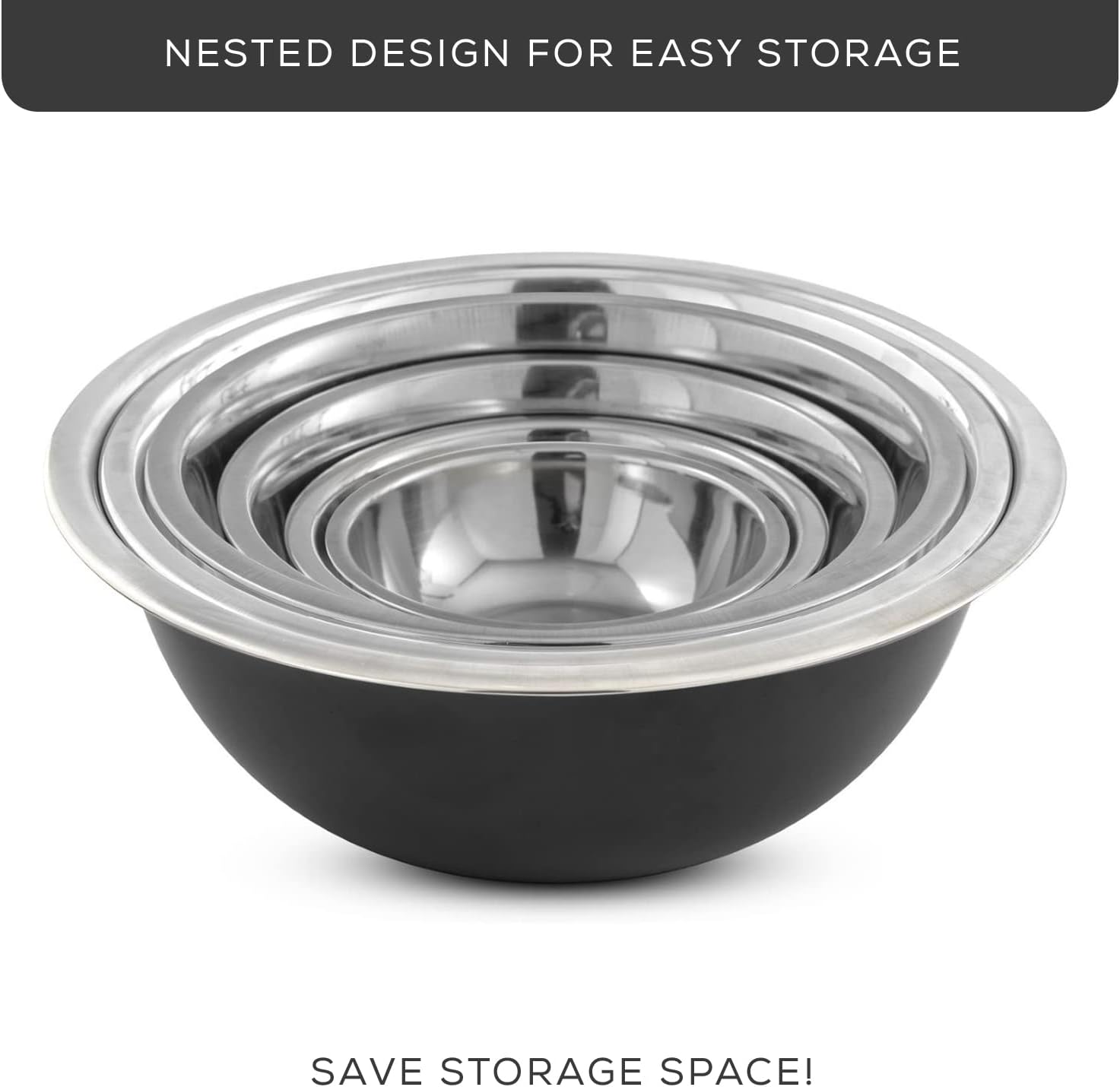 Joyjolt Stainless Steel Mixing Bowl Set of 6 Mixing Bowls (Black). 5Qt Large Mixing Bowl to 0.5Qt Small Metal Bowl. Kitchen, Cooking and Storage Nesting Bowls. Dough, Batter and Baking Bowls image number 2