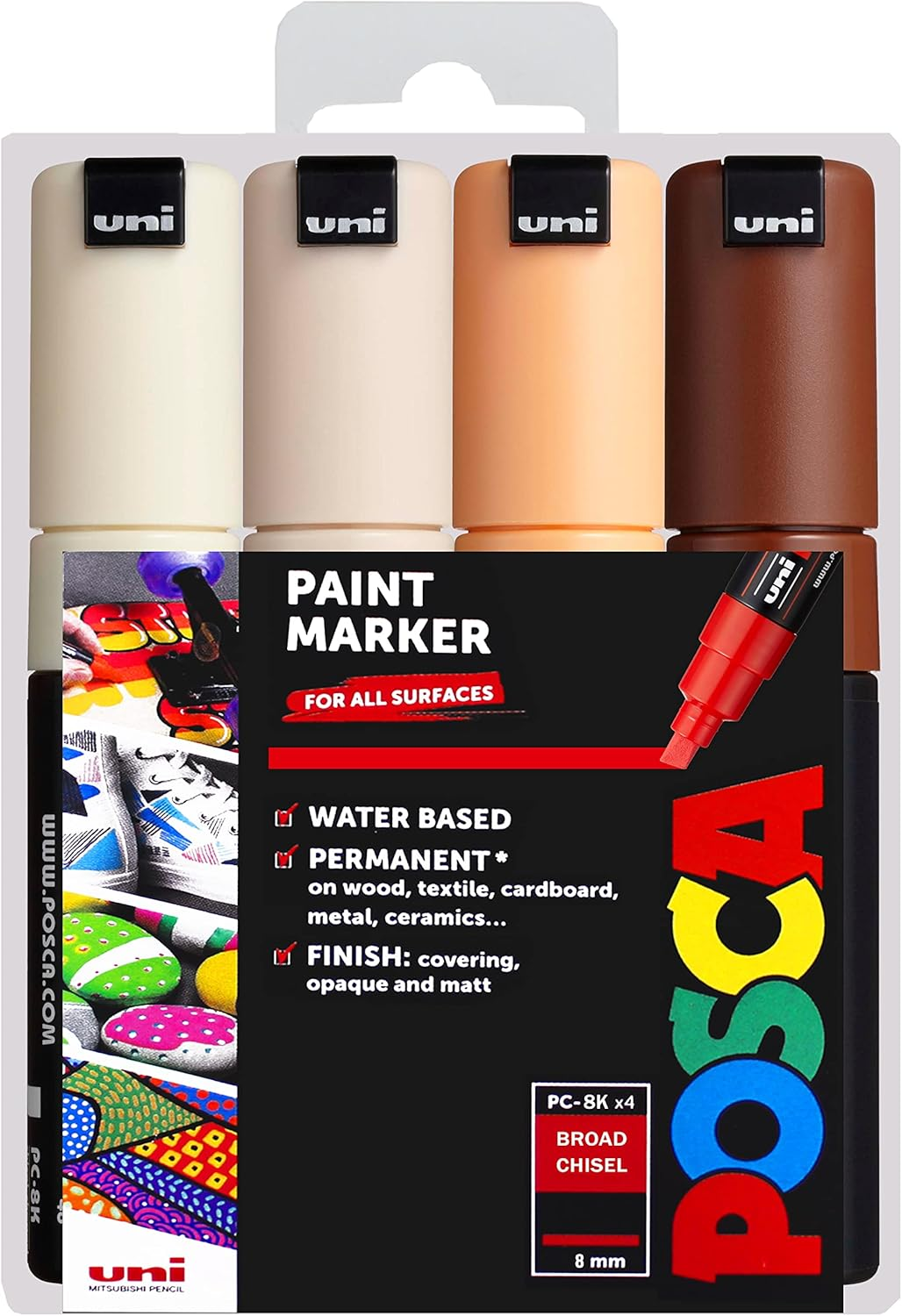Posca PC-8K Water Based Permanent Marker Paint Art Pens - 8Mm Chisel Tip Nib - Set of 4 in Plastic Wallet - Warm Neutral Tones image number 1