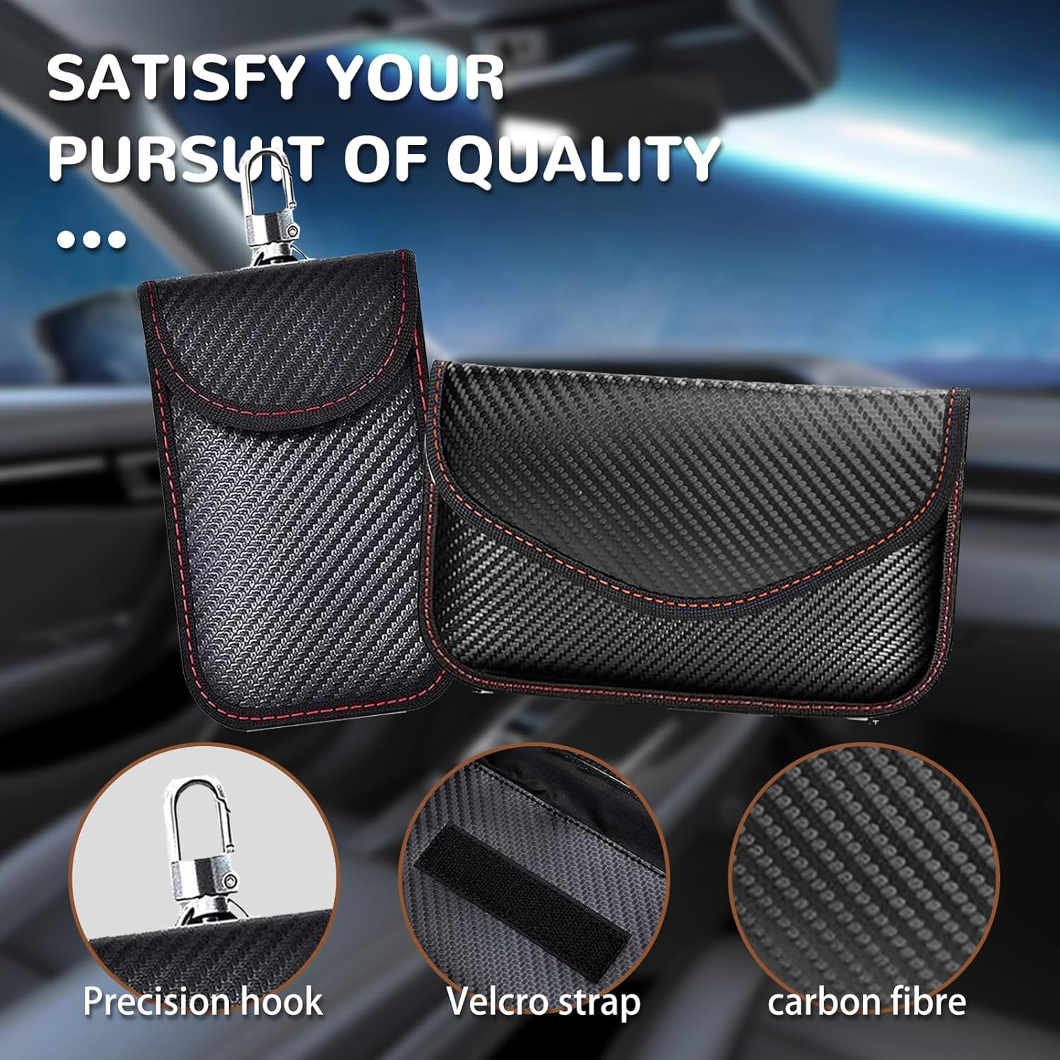 Faraday Pouch for Car Key RFID Blocker Bag Carbon Fiber Waterproof Key Holder Signal Blocking anti Theft Key Fob Protector Black 2 Sizes Medium Large image number 2