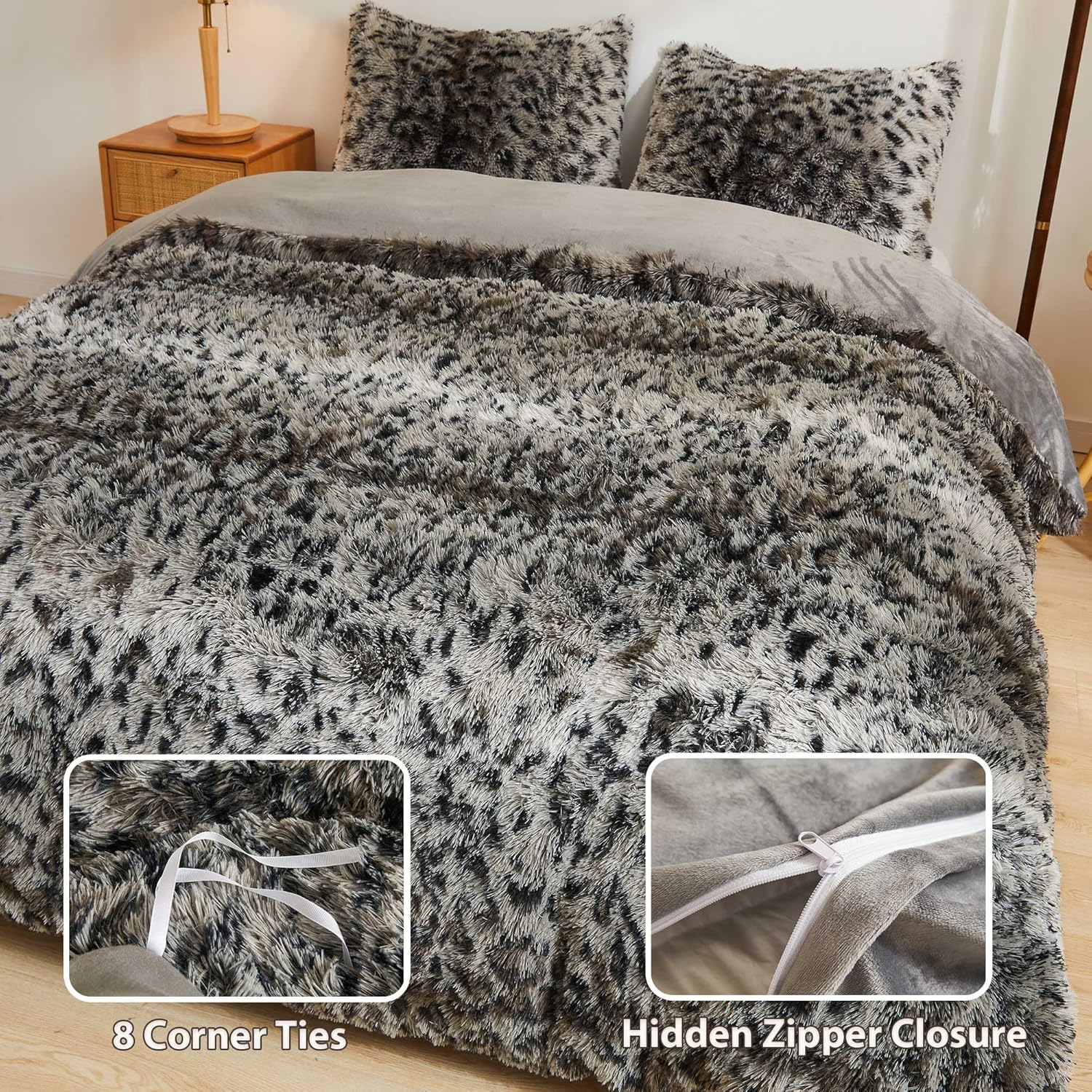 LIFEREVO Cheetah Print Faux Fur Duvet Cover Fluffy Bedding Set, 3 Pieces Soft Plush Fuzzy Comforter Cover Set(1 Shaggy Comforter Cover+2 Furry Pillowcases), Zipper Closure(Queen, Leopard Print Grey) image number 2