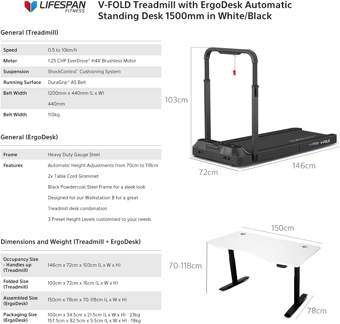 Lifespan Fitness V-FOLD Treadmill with Ergodesk Automatic Standing Desk, White, 150 Cm image number 5