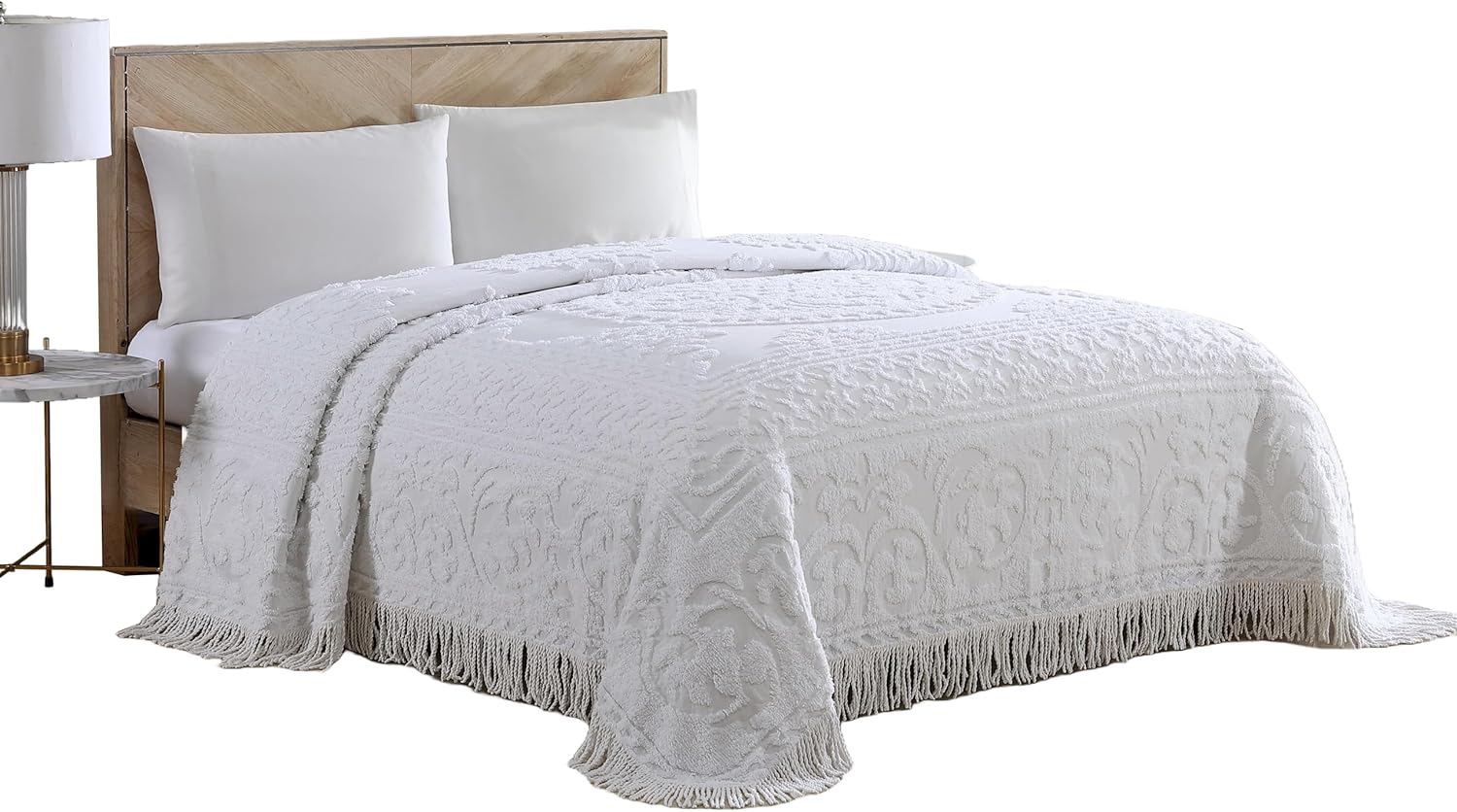 (Queen, White) - Beatrice Home Fashions Medallion Chenille Bedspread image number 5