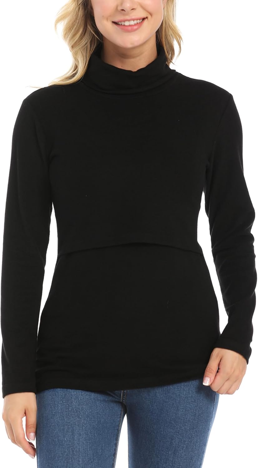 KEOYA Women'S High Neck Maternity Sweatshirt Nursing Top Shirt for Breastfeeding Solid Long Sleeve Undershirt