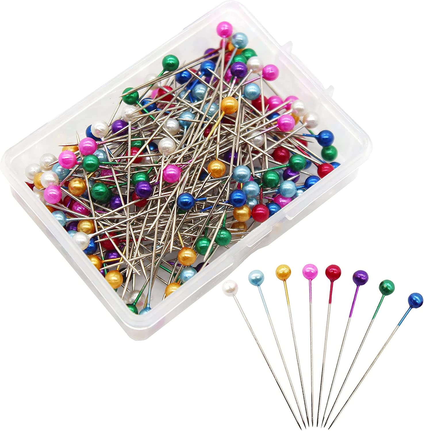 Benvo 250Pcs 1.5 Inch Sewing Pins with Glass Pearl Head Pins Straight Quilting Pins Multicolor Ball Head Pins with Hanging Plastic Contain Box for Fabric Dressmaker Jewelry Decoration
