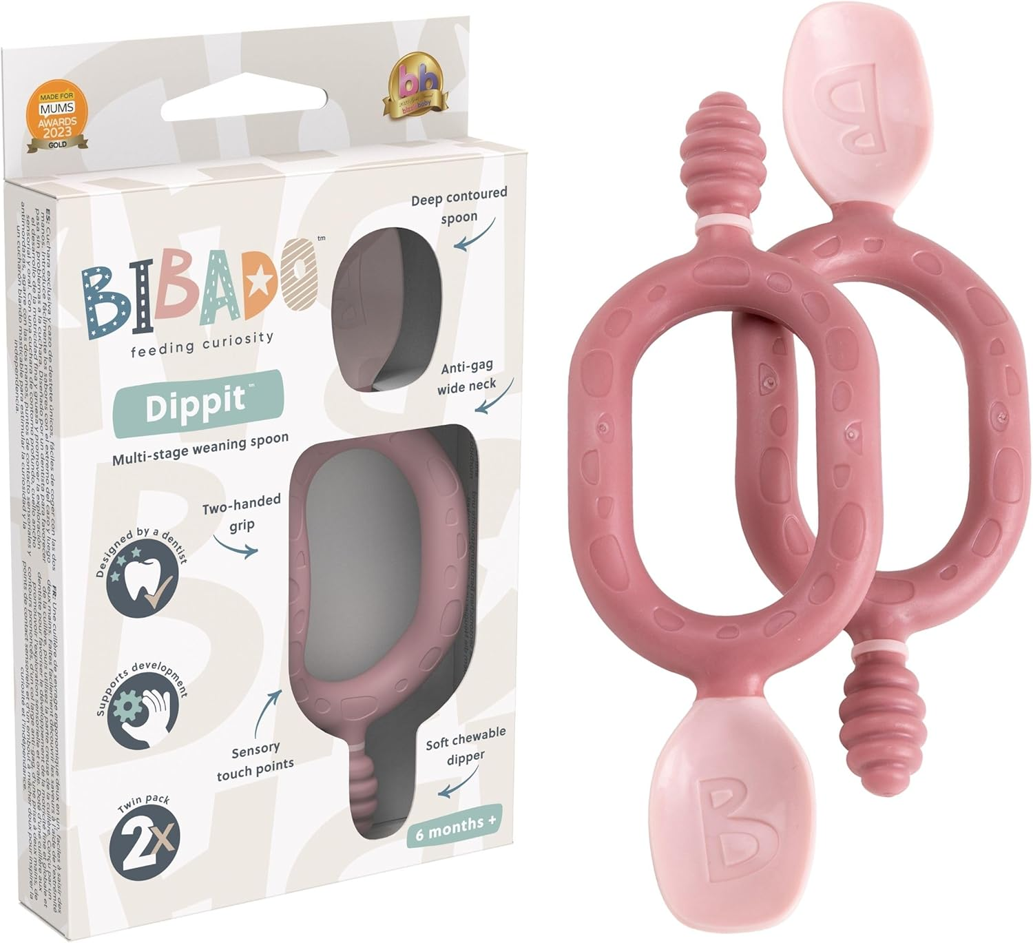 Bibado Weaning Spoons 2 Pack Baby Self Feeding Cutlery Dual Ended Spoon for Teething Oral Development Ergonomic 2 Handled for Independent Feeding Baby Toddler Dippit Fawn