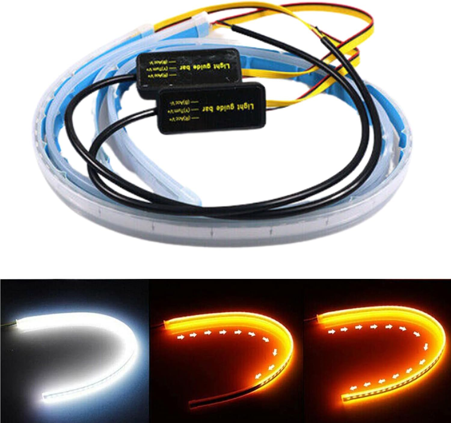 Leona Co 2PC Car LED Strip Lights, 60Cm Flexible LED Headlight Strips Dual Color White-Yellow Turn Signal Lights IP65 Waterproof Car Daytime Running Light Strip for Truck SUV image number 4