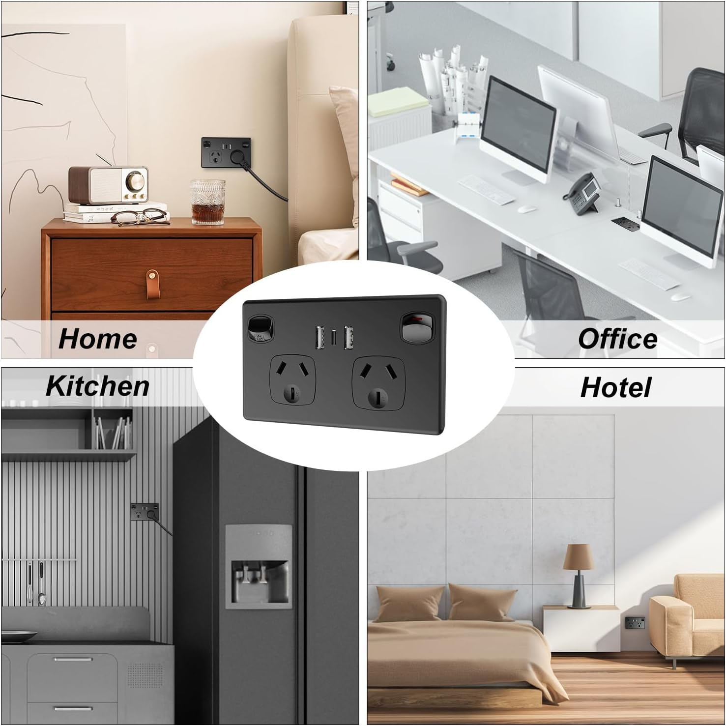 Double Power Point with 2 USB a and 1 Type C, GPO Wall Outlet, Fast Charging 5V 3.6 Amp, SAA RCM Approved, Single Switch, 10A/2400W, Black image number 1