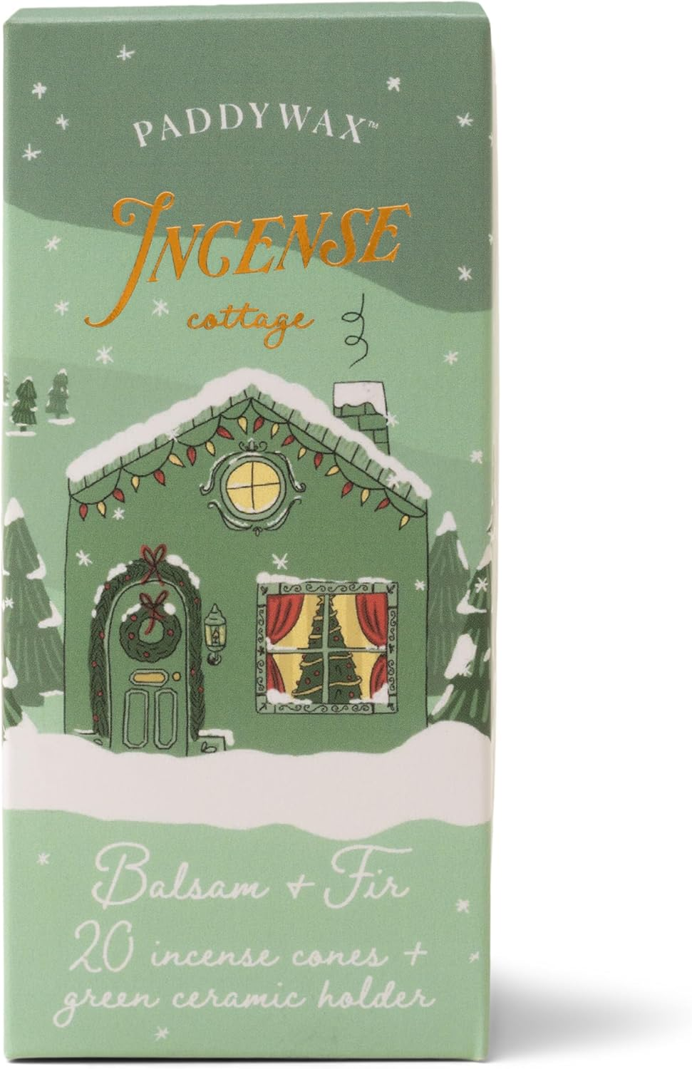 Paddywax Holiday Town Incense Holder with 20 Incense Cones, 3.83" Tall, Green Cottage