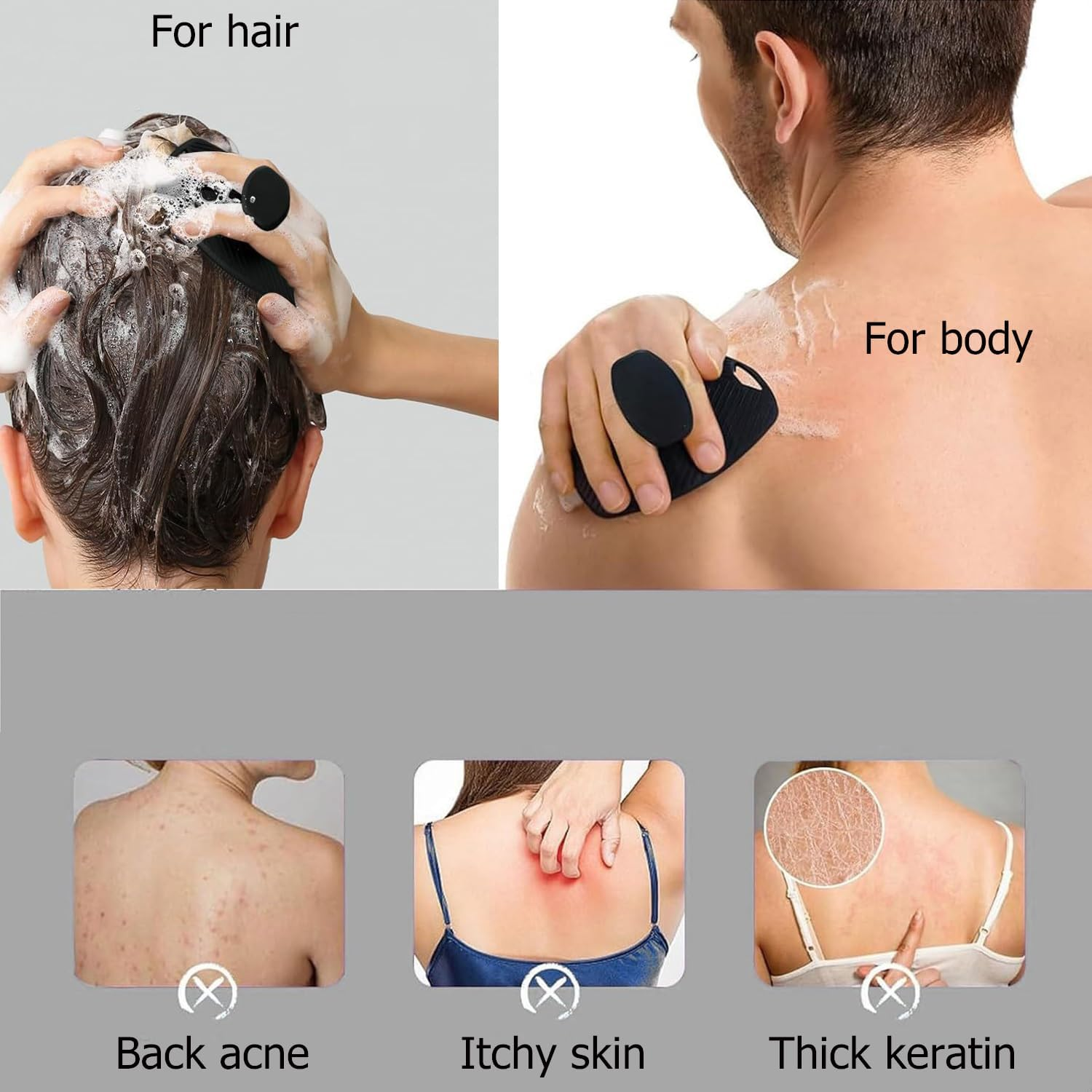 POATOW 4 in 1 Silicone Body Scrubber Shower Brush Set for Men Women Adult,Long Handle Body Brush,Anti-Slip Back Scrubber for Shower,Shower Bath Brush with Hook image number 3