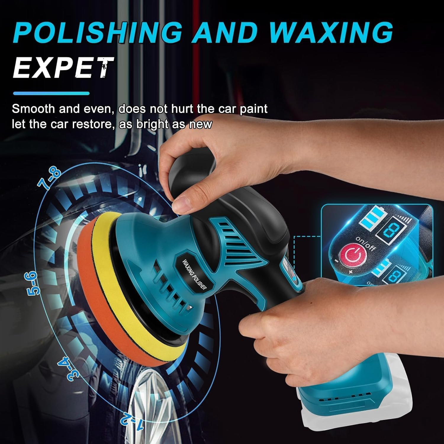 Cordless Car Buffer Polisher Machine Kit with 2PCS 21V 2.6Ah Rechargeable Batteries, 8 Variable Speed 2800-5500RPM, Portable Polishing Waxer for Detailing/Waxing image number 5