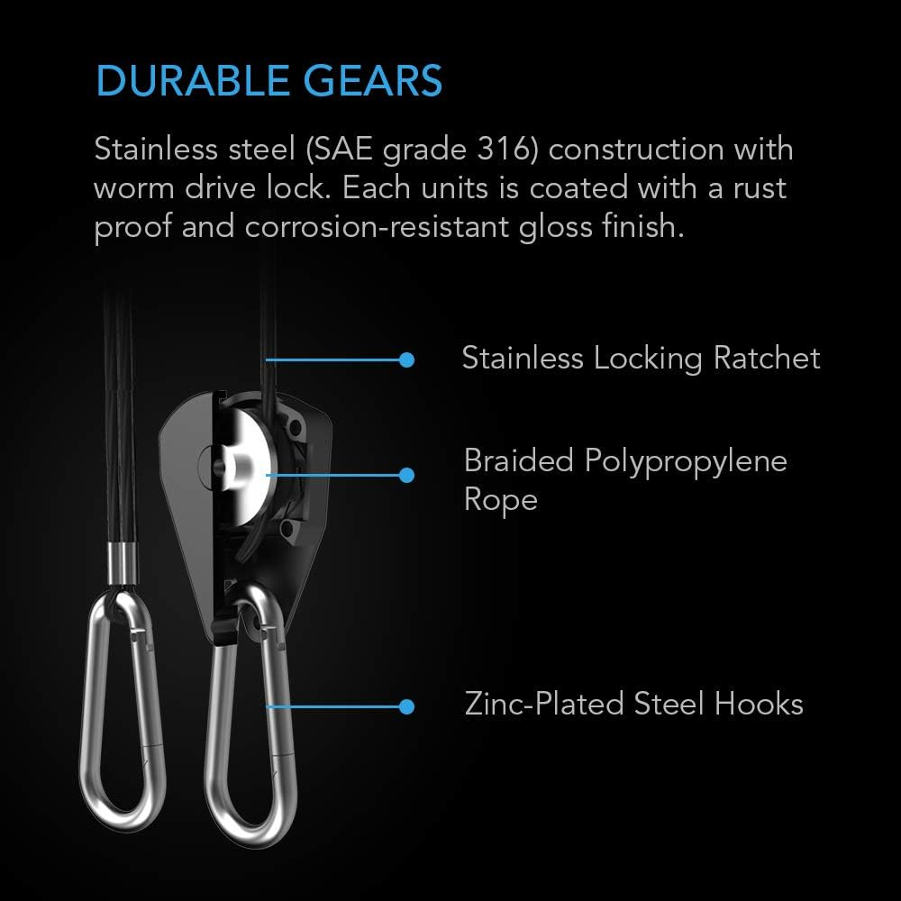 AC Infinity, Adjustable 1/8&rdquo; Rope Hanger, Heavy-Duty Stainless Steel Gears Ratchets, 150 Lbs Weight Capacity, 2 Pairs image number 2