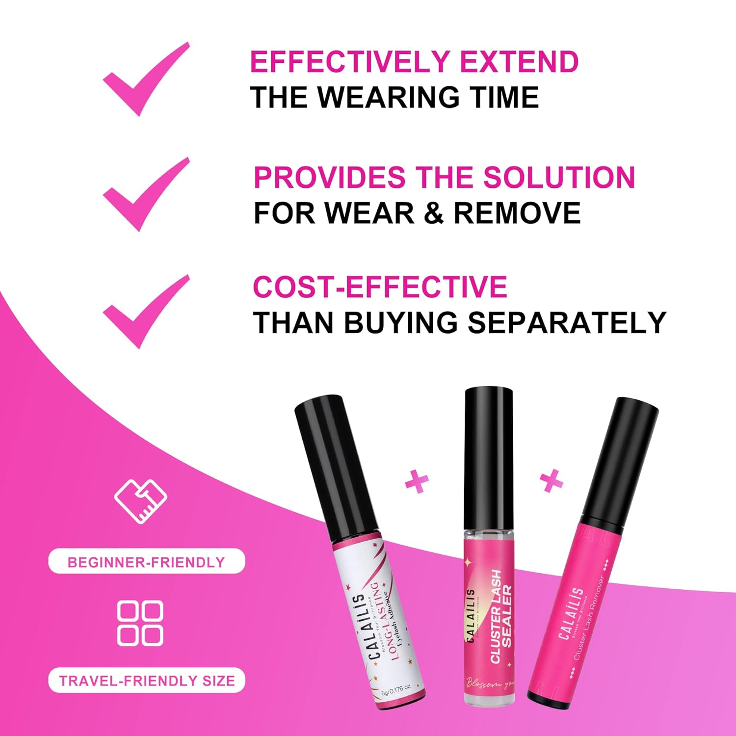 CALAILIS Cluster Lash Glue Lash Sealer and Lash Remover Kit, Super Strong Hold and Long Lasting 72 Hours Lash Bond and Seal Quick Gentle Clean Non-Irritating Lash Extension Remover