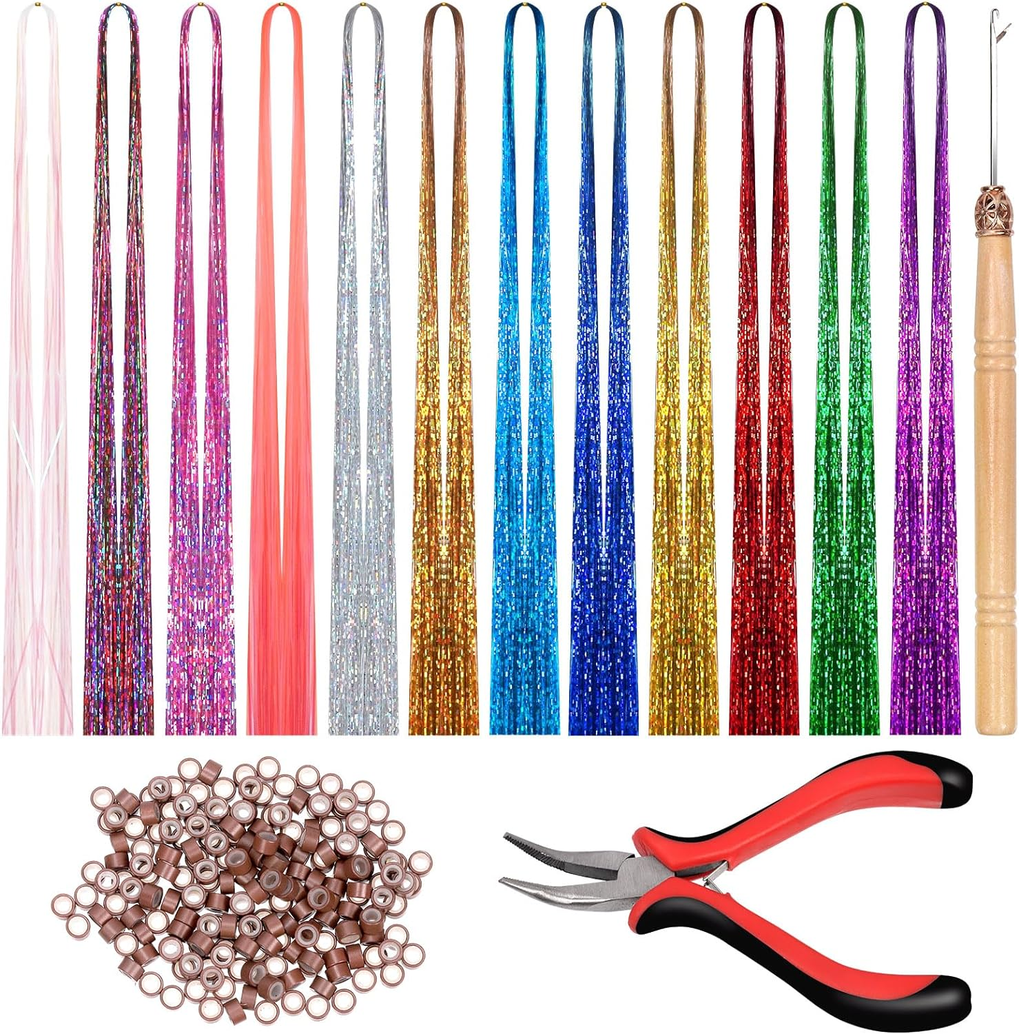 Swpeet 214Pcs 47" Hair Tinsel Kit Including 12 Mixed Colors 2400 Strands Hair Tinsel 200Pcs Silicone Lined Micro Ring Crochet Hook 5" Tweezer for Girl Kids Christmas New Year Halloween Cosplay Party