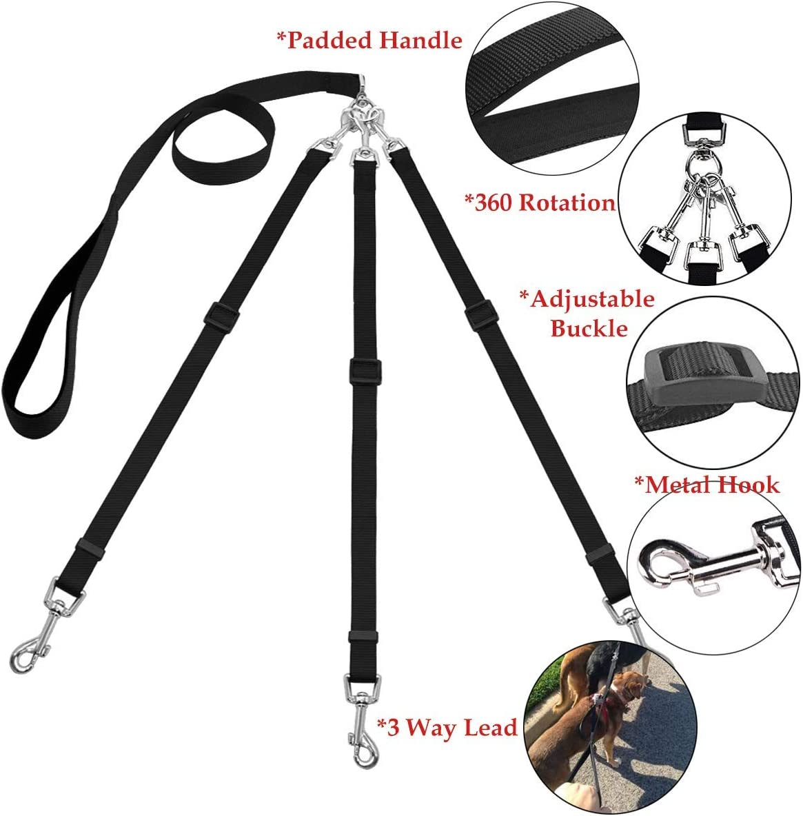 ASOCEA 3 in 1 Dog Leash Coupler Adjustable Detachable Nylon Three Way Dog Leash for One/Two/Three Dog Cats Pet image number 5