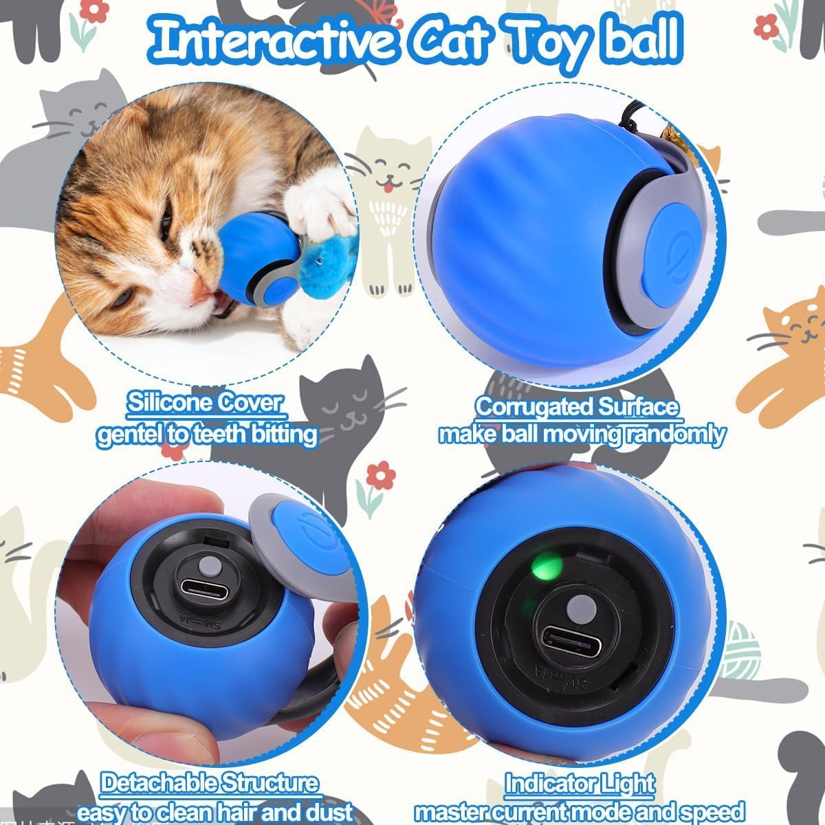 APEXORIGIN 2 PCS Interactive Cat Toy Ball, Automatic Cat Toys for Indoor Cats - Speedy Kitten Toys for Indoor Cats with Feather Tails for Chasing, Two Modes & One-Click Switching (Blue and Orange) image number 6