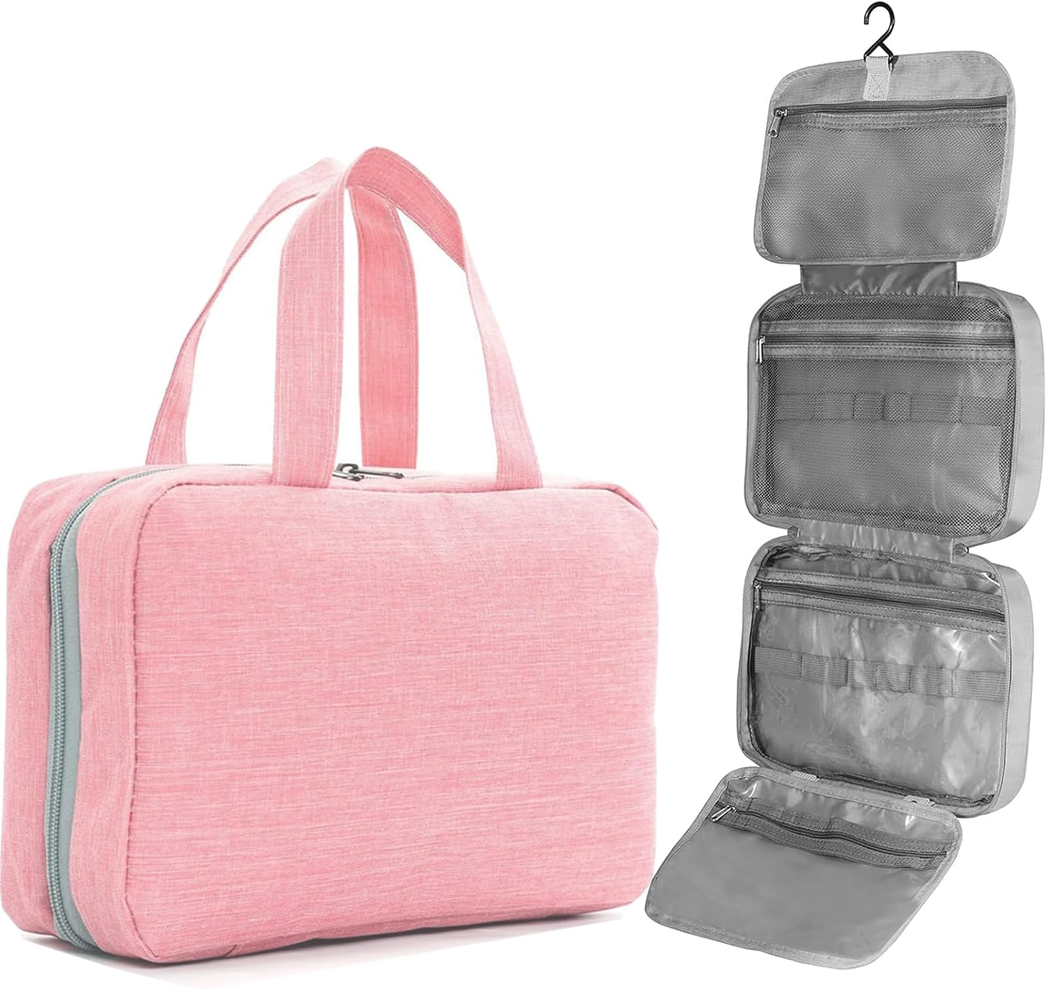 Hanging Toiletry Bag for Women, Waterproof Makeup Organiser with Large Capacity for Travel Essentials, Portable Cosmetic Bag for Camping & Outdoor Trips, Pink
