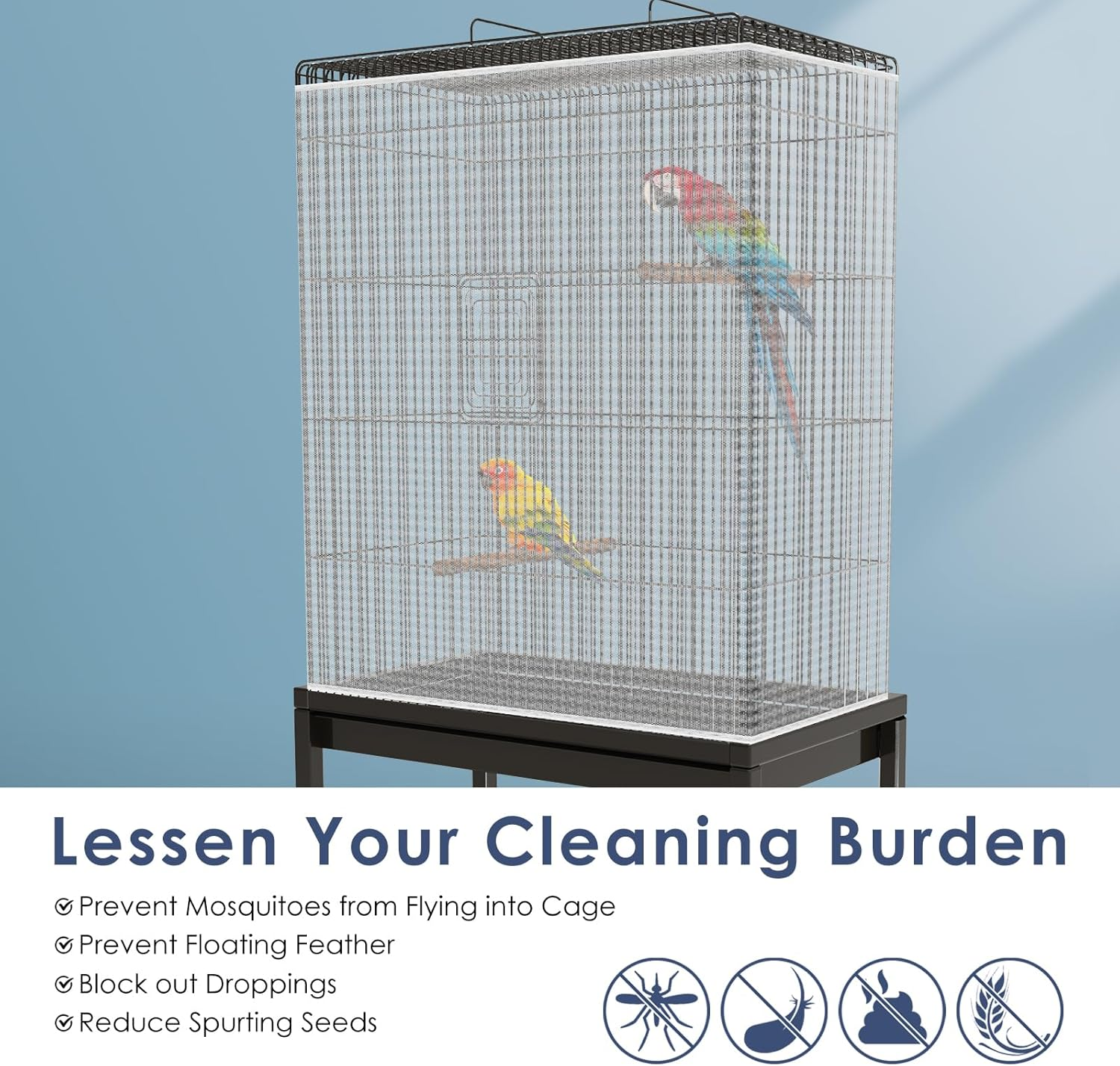 Bissap Bird Cage Seed Catcher, 90-118&lsquo;&rsquo; Universal Birdcage Net Nylon 31.8'' H Adjustable Elastic Band Stretchy Skirts Mesh Cover for Parrot Cage Seed Guard (Not Include Birdcage)- White image number 4