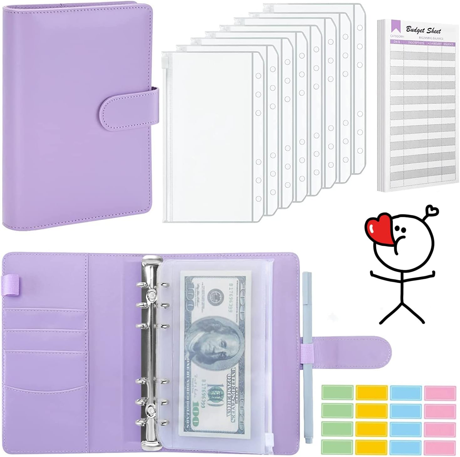 A6 PU Leather Binder Budget Planner Organizer 6 Ring Binder Cover, 8Pcs Binder Pockets, 12Pcs Expense Budget Sheets & 2Pcs Categories Sticker Labels, Money Saving Binder for Budgeting(Purple) image number 3