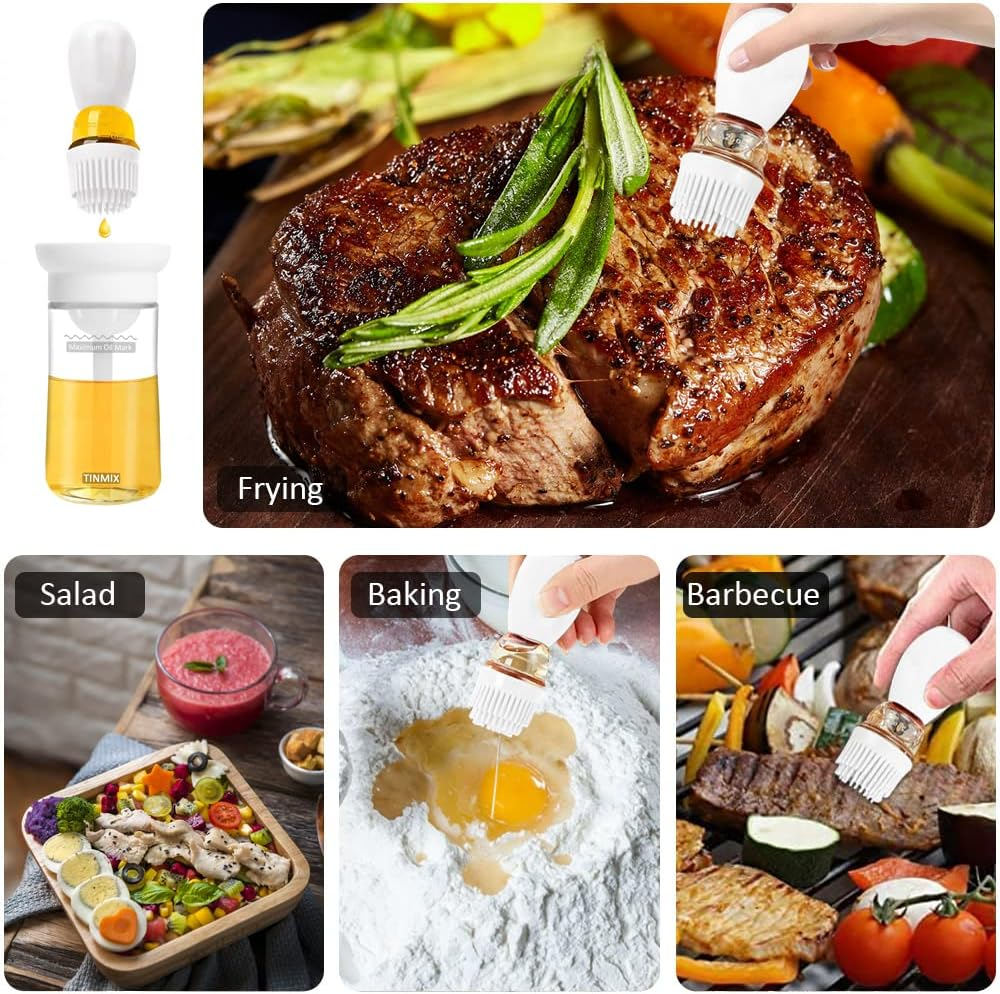 TINMIX Oil Dispenser Bottle with Silicone Basting Brush - Kitchen Olive Oil Bottle for Cooking Vinegar Sauce BBQ Grill Frying Baking, Kitchen Aid, T-OB21S, Grey - 2X Straws image number 2