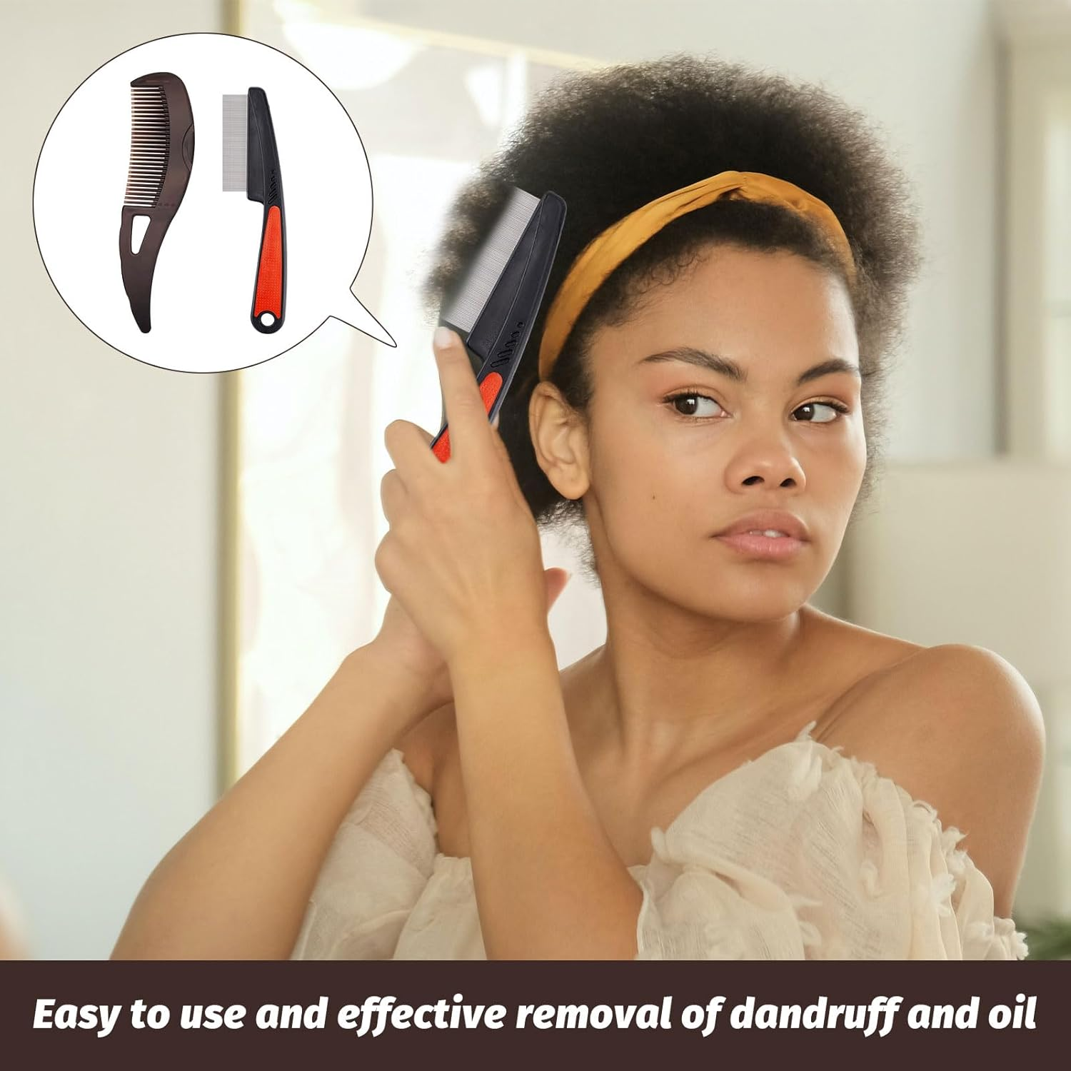 Dandruff Comb, Scalp Comb, Scalp Brush, 2Pcs Hollow Tooth Hairbrush Dandruff Comb and 2Pcs Stainless Steel Fine Tooth Dandruff Remover Comb, Scalp Sweep Detoxing Comb, Scalp Detox Comb image number 4