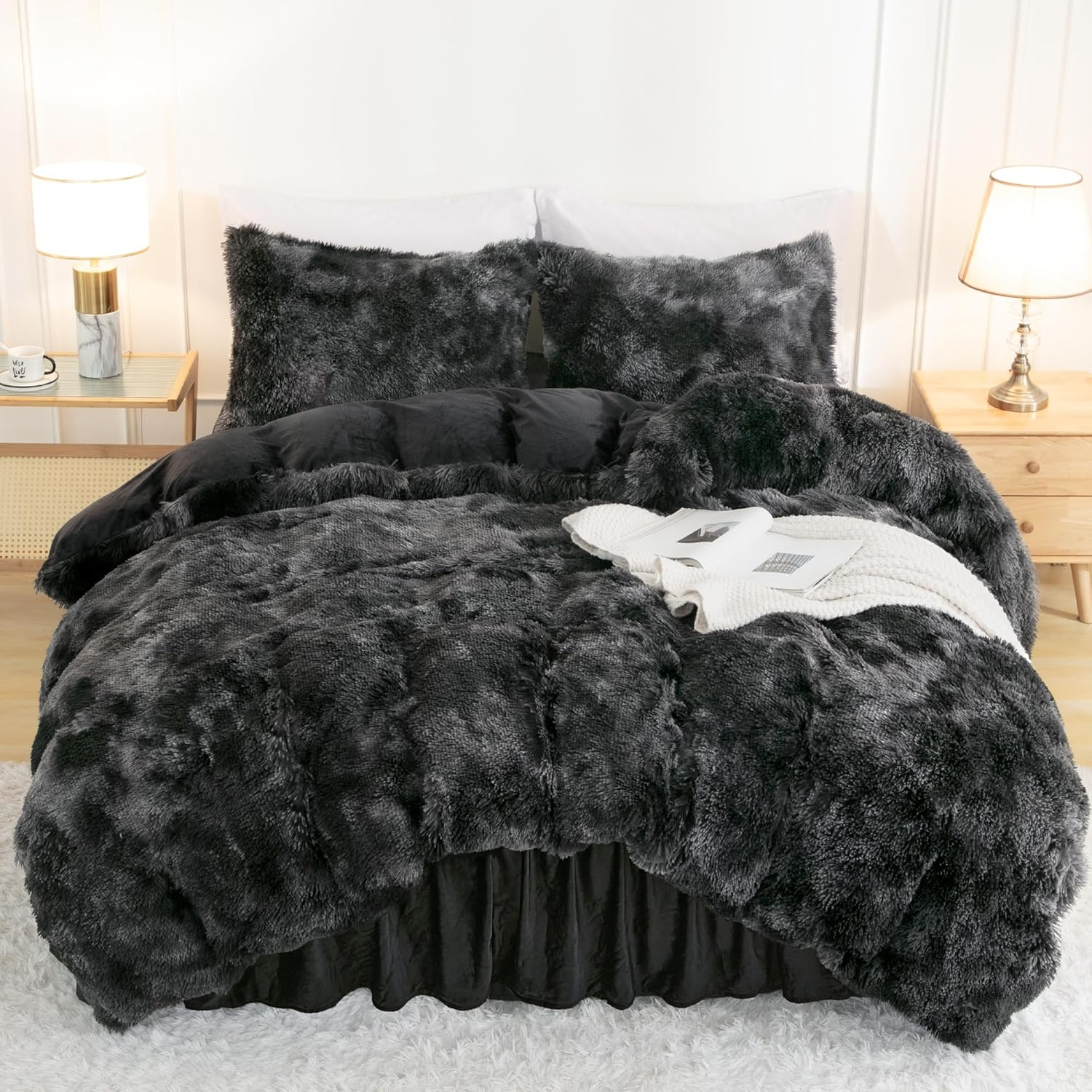 Annadaif Plush Shaggy Duvet Cover, Tie Dye Gray White Fluffy Comforter Cover Set Queen Size, Fuzzy Faux Fur Bedding Set with Zipper Closure, Luxury Ultra Soft 3 Pieces (1 Duvet Cover, 2 Pillowcases) image number 2