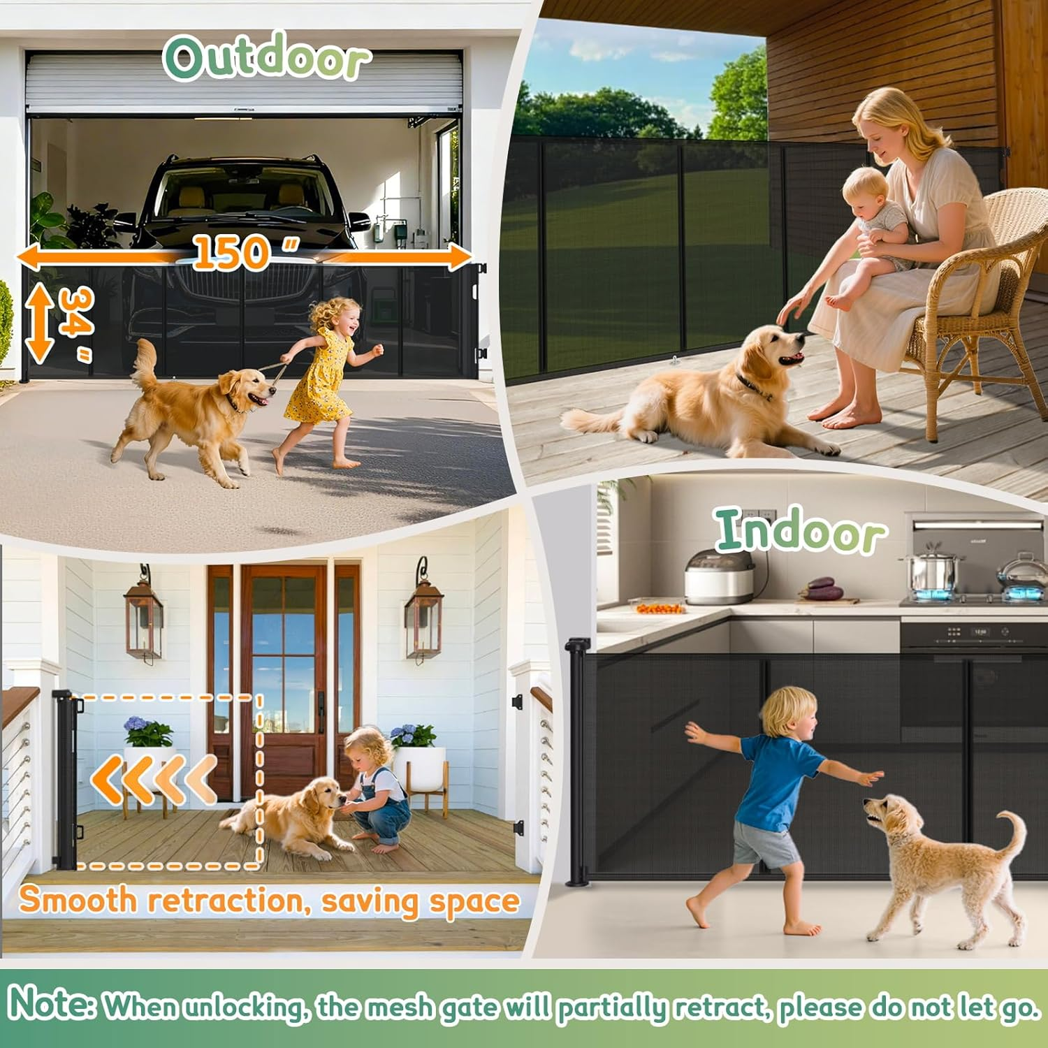 Retractable Baby Gates Extra Wide 150'' Tall 35'' Retractable Dog Gate for Doorways Safe Upgrade Retractable Baby Safety Gate for Stairs,Indoor/Outdoor Retractable Gate,Retractable Pet Gate for Dog - Black image number 5