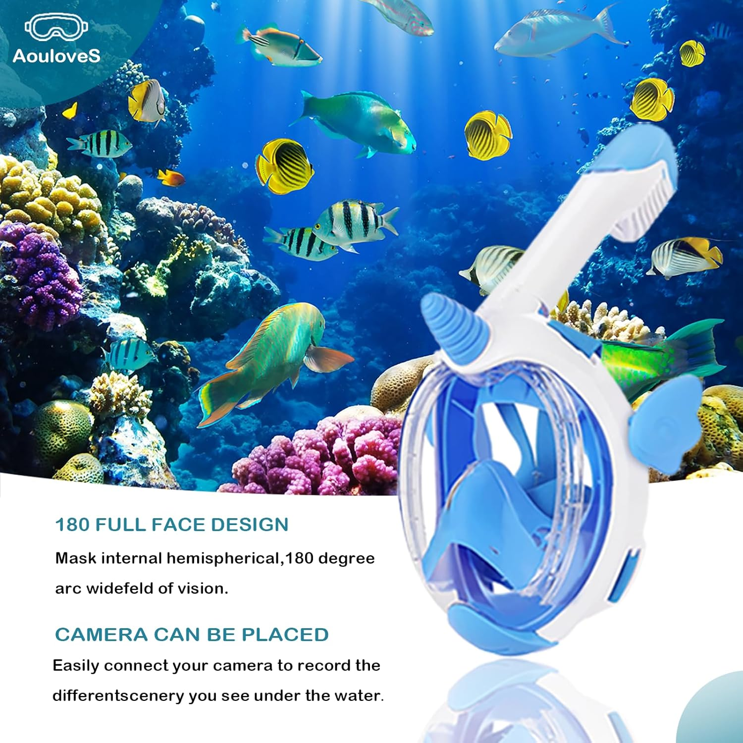 Aouloves Kids Snorkel Mask Full Face,Snorkeling Gear for Kids 4-16 with Camera Mount, 180 Degree Panoramic View Snorkeling Set Anti-Fog Anti-Leak image number 2