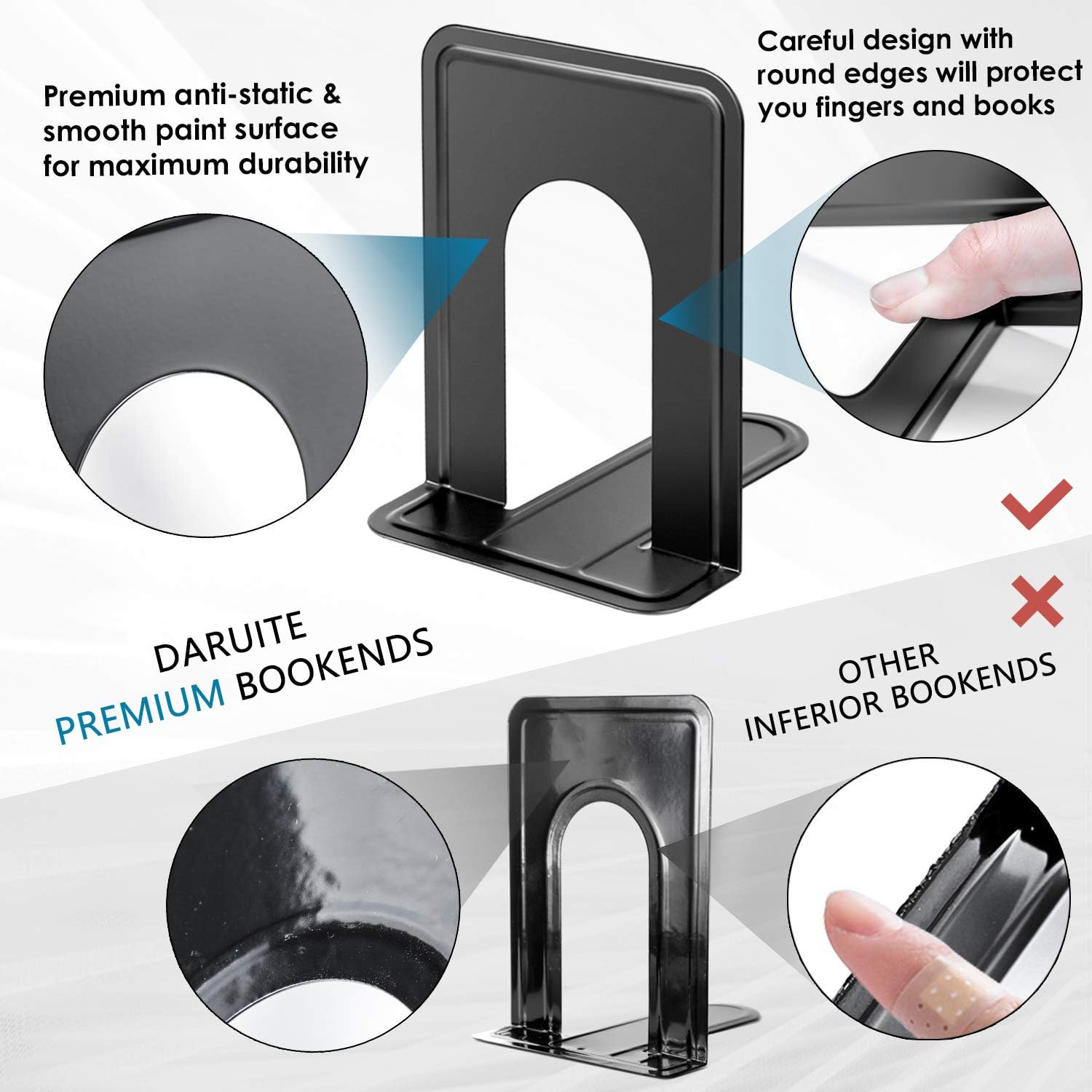 DARUITE Metal Bookends, Non-Skid Book Ends Holder Stoppers for Heavy Books, Home, Office, Kitchen - 4 Pairs, 7.4 X 4.9 X 5.8 In, Black image number 5