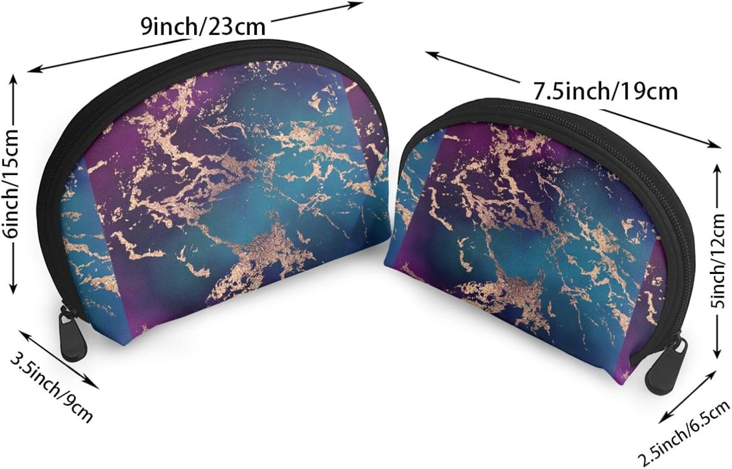 Cozimangoe Coin Pouch Makeup Bags Set, 2 Piece Shell Shape Cosmetic Bag with Pockets for Daily Travel Handbag Lipstick Keys Toiletry, Personalized Marble Luxe Decor Dark Purple and Teal with Gold image number 4