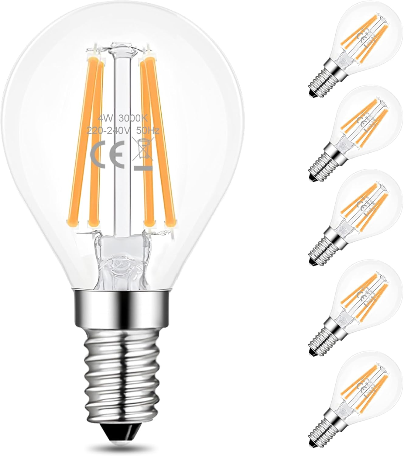 FTL E14 LED Bulb Small Edison Screw,G45 4W Vintage Edison LED Golf Ball Bulb 6500K Cool White,400Lm 40W Equivalent Non-Dimmable SES Clear Galss LED Globe Filament Bulbs,Pack of 6