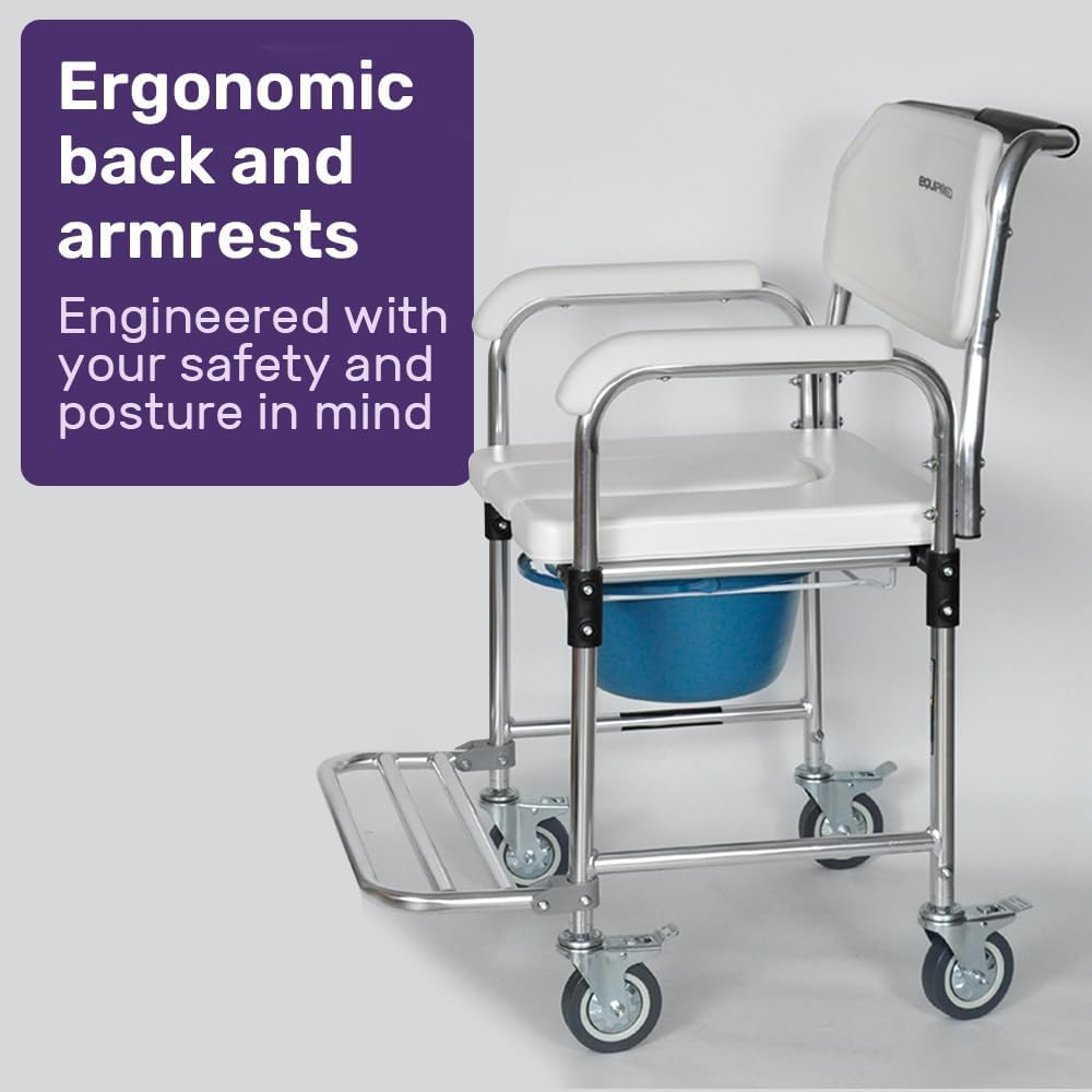 Equipmed Commode Shower Chair, over Toilet or Bedside 136Kg Capacity Aluminium Frame with Wheels, White/Blue image number 1