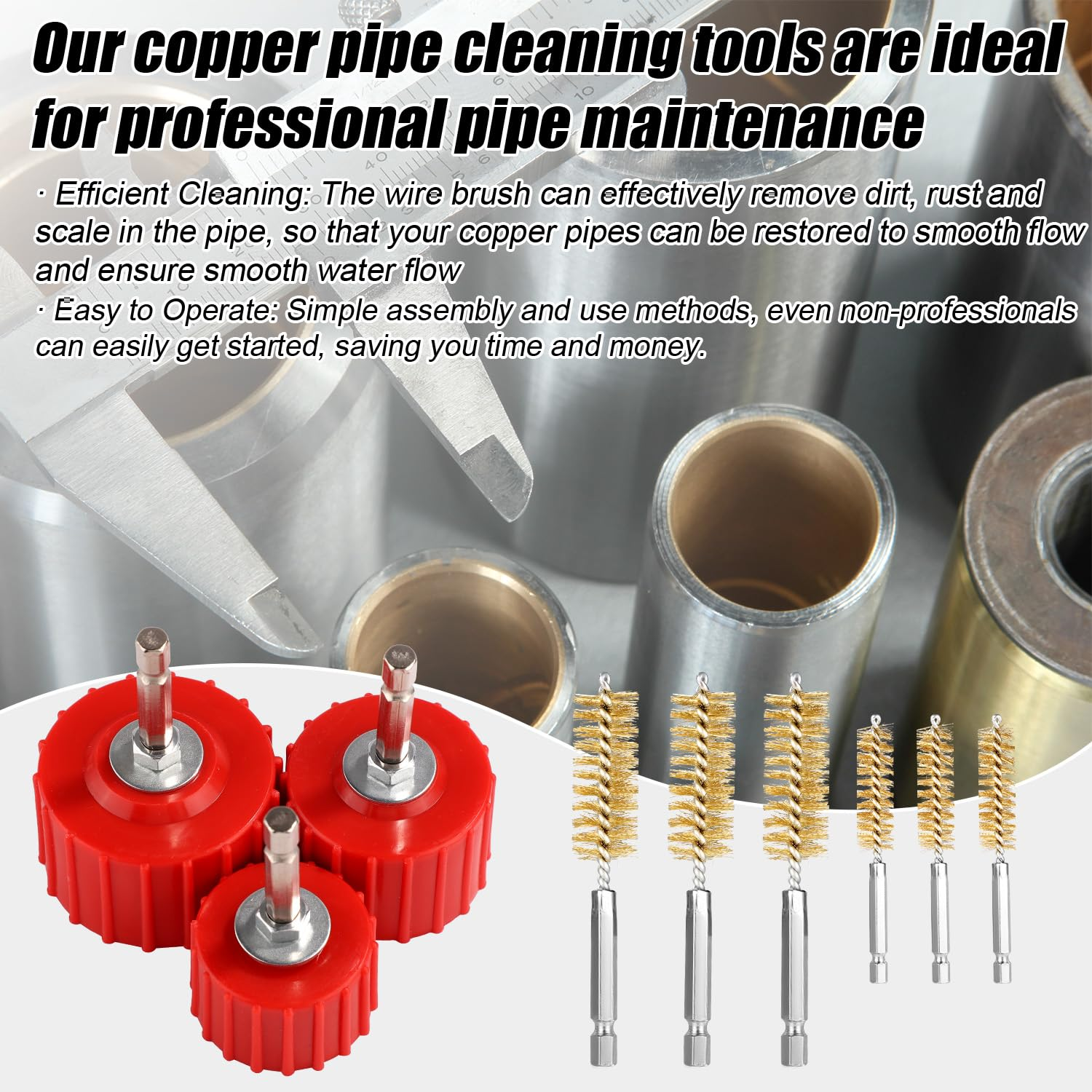 9Pcs Copper Pipe Cleaner Set for Power Drill, 3Pcs 1/2" 3/4" 1" Tube Cleaning Brushes & 6 Brass Wire Bore Brushes Metal Pipe Cleaner for Drill Copper Tubes and Fittings Soldering image number 4