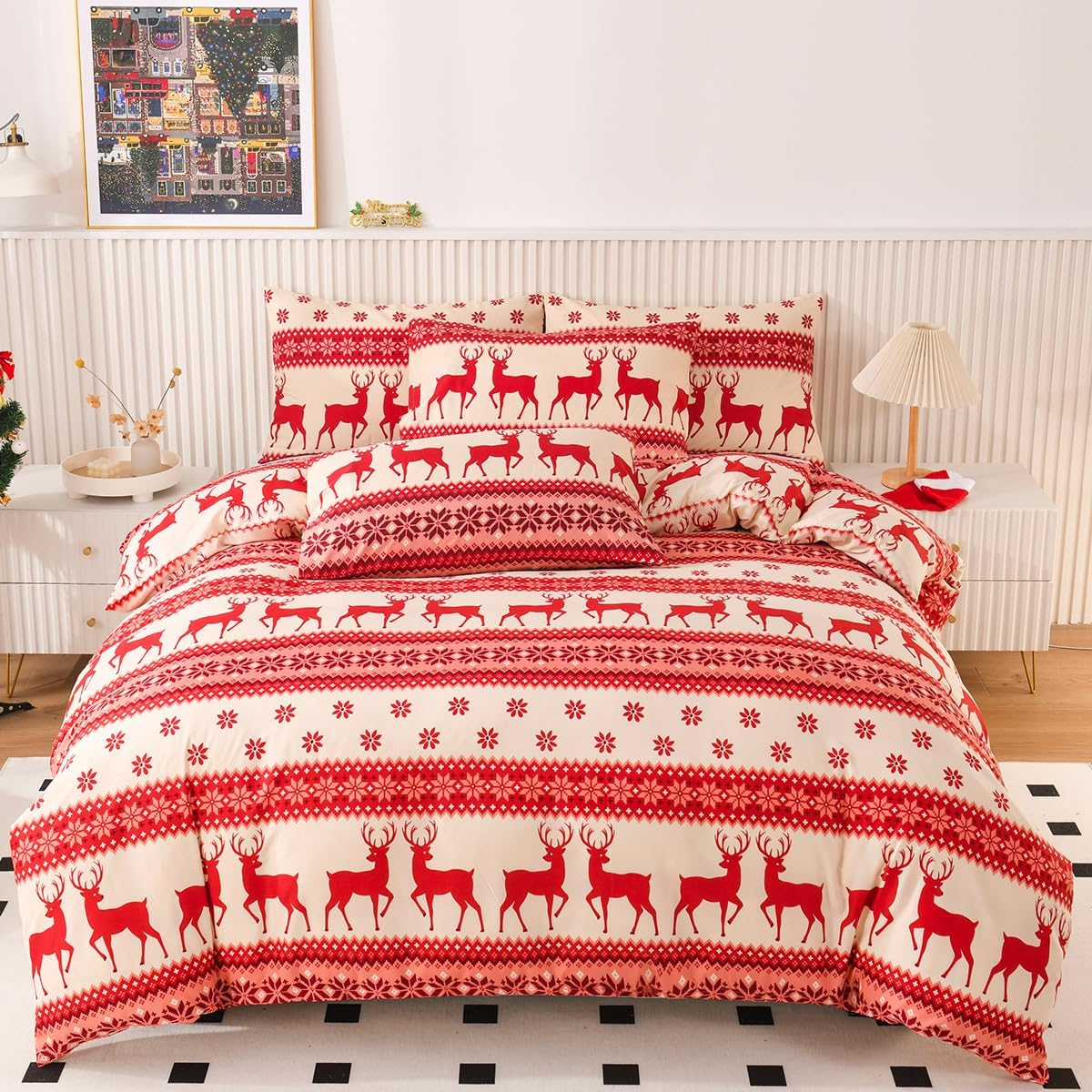 Mengersi Christmas Duvet Cover Set Queen Size,Christmas Tree Snowflake Duvet Cover Check Printed Christmas Plaid Duvet Cover Comforter Cover Set for New Year Holidy Xmas Gifts