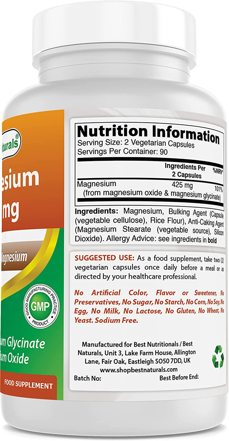 Best Naturals Magnesium 425 Mg 180 Veggie Capsules - High Absorption Magnesium Glycinate & Magnesium Oxide Chelated, Non-Gmo, Gluten Free Muscle Relax (180 Count (Pack of 2)) image number 2