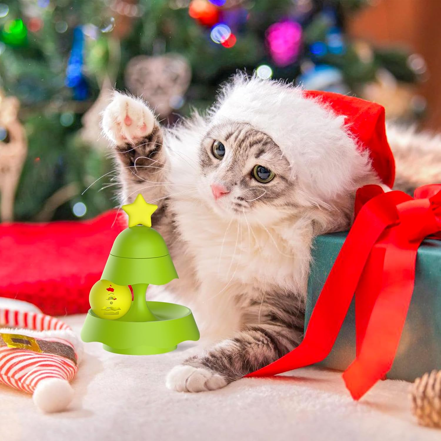Christmas Cat Teaser Ball Toy Fun Interactive Cat Toys for Indoor Cat Ball Toys with Circle 1 Level Cat Roller Toy with 1 Bell Ball for Remove Boredom and Physical Exercise image number 1