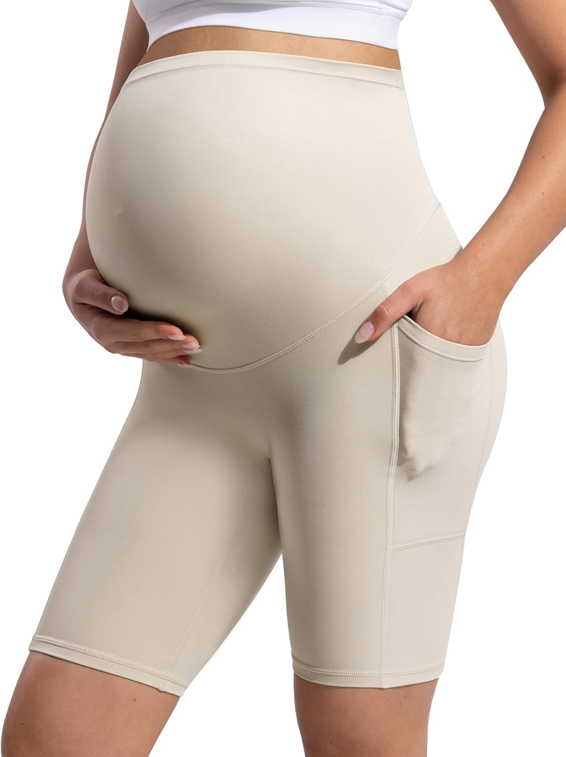 POSHDIVAH Women'S Creamluxe Maternity Biker Shorts over the Belly with Pockets - 6"/8" Summer Pregnancy Yoga Workout Short
